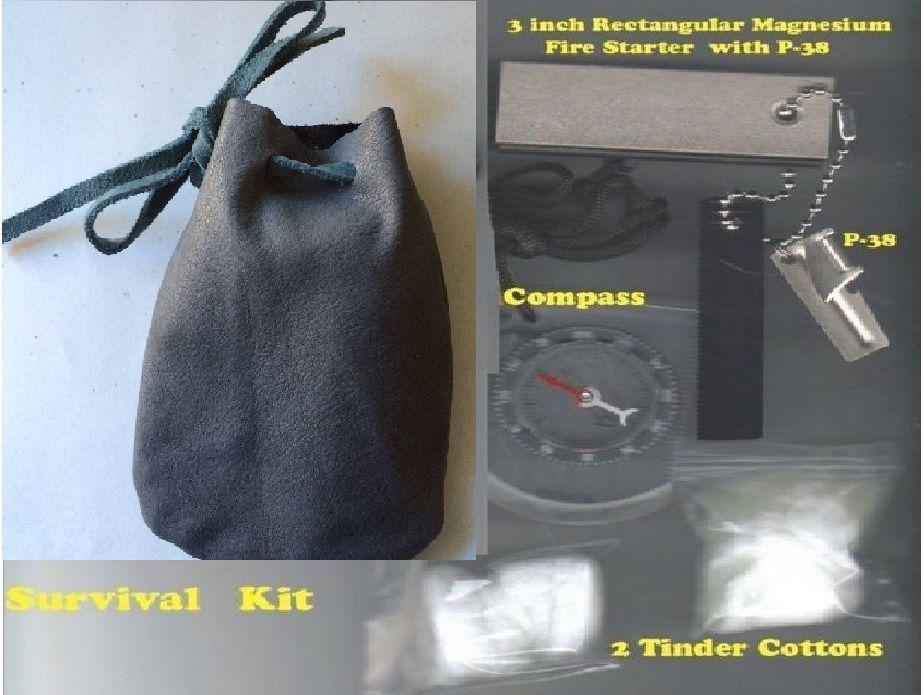 NEW FIRESTEEL KIT MAGNESIUM FIRESTARTER + P31 + COMPASS + WHISTLE -LEATHER POUCH