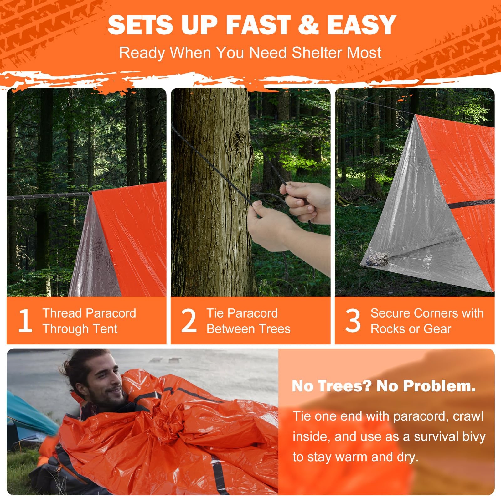 Life Emergency Tent Survival Shelter – 2 Person Mylar 1 Pack, Orange