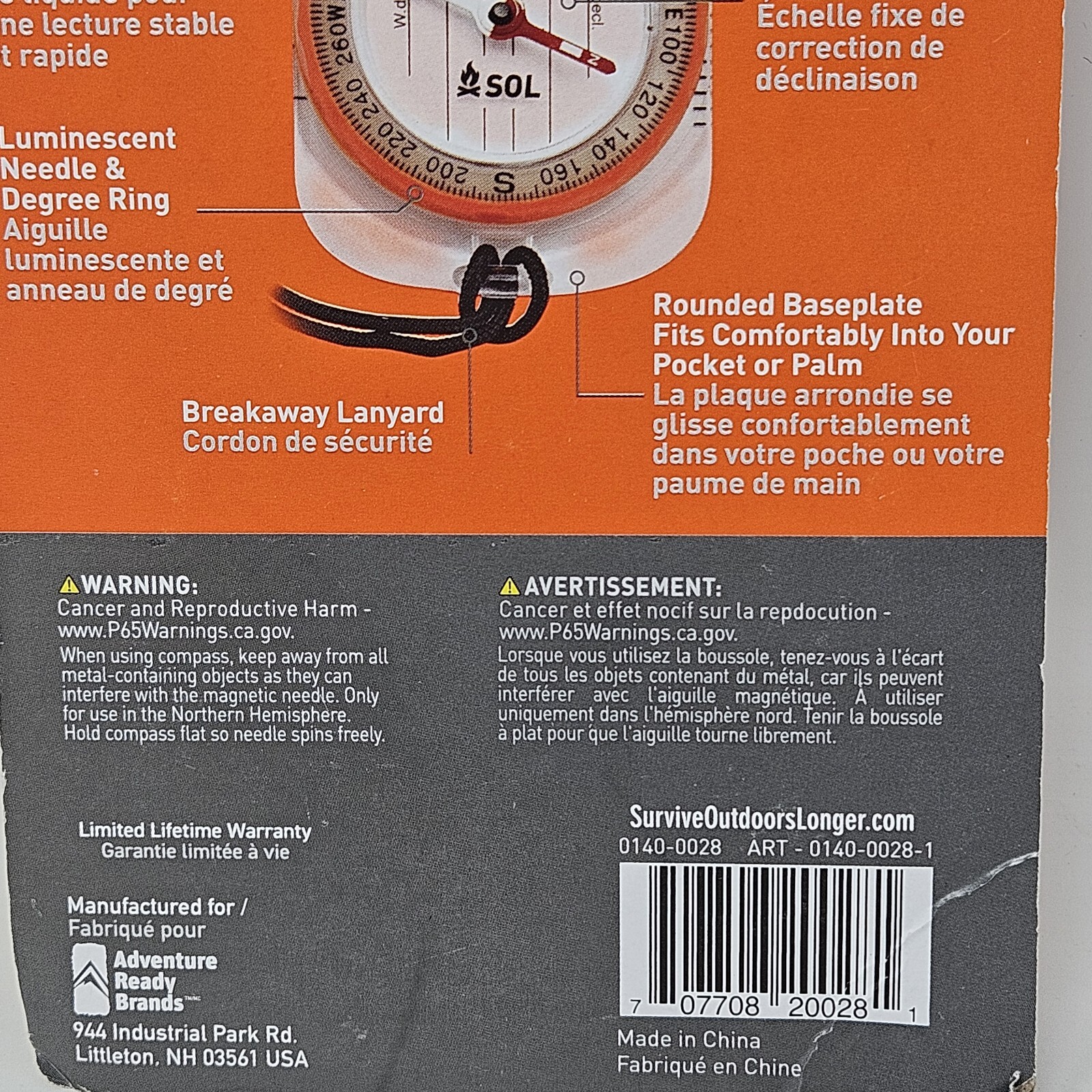 SOL SURVIVE OUTDOORS LONGER DELUXE MAP COMPASS EXTENDED BASEPLATE