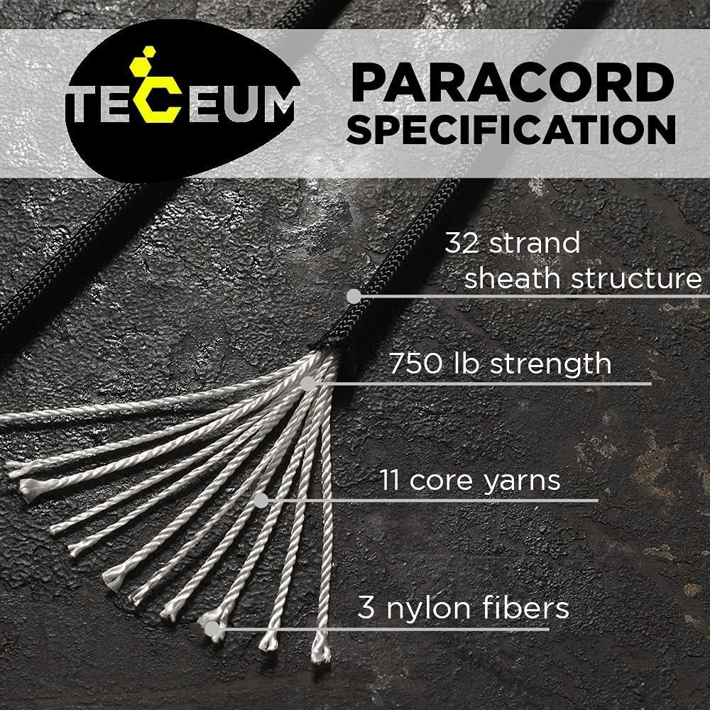TECEUM Paracord Type IV 750 lb Black 016 – 50 ft – 4mm – 50 ft, Noir