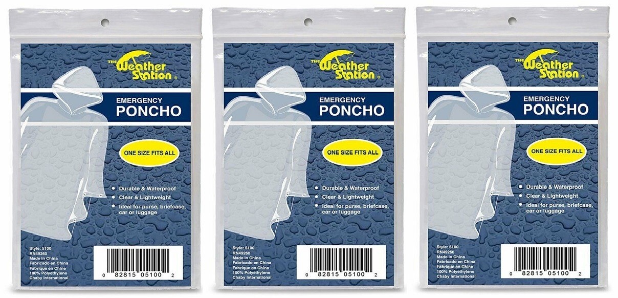 3 Pack- Weather Station Emergency Poncho Clear Lightweight