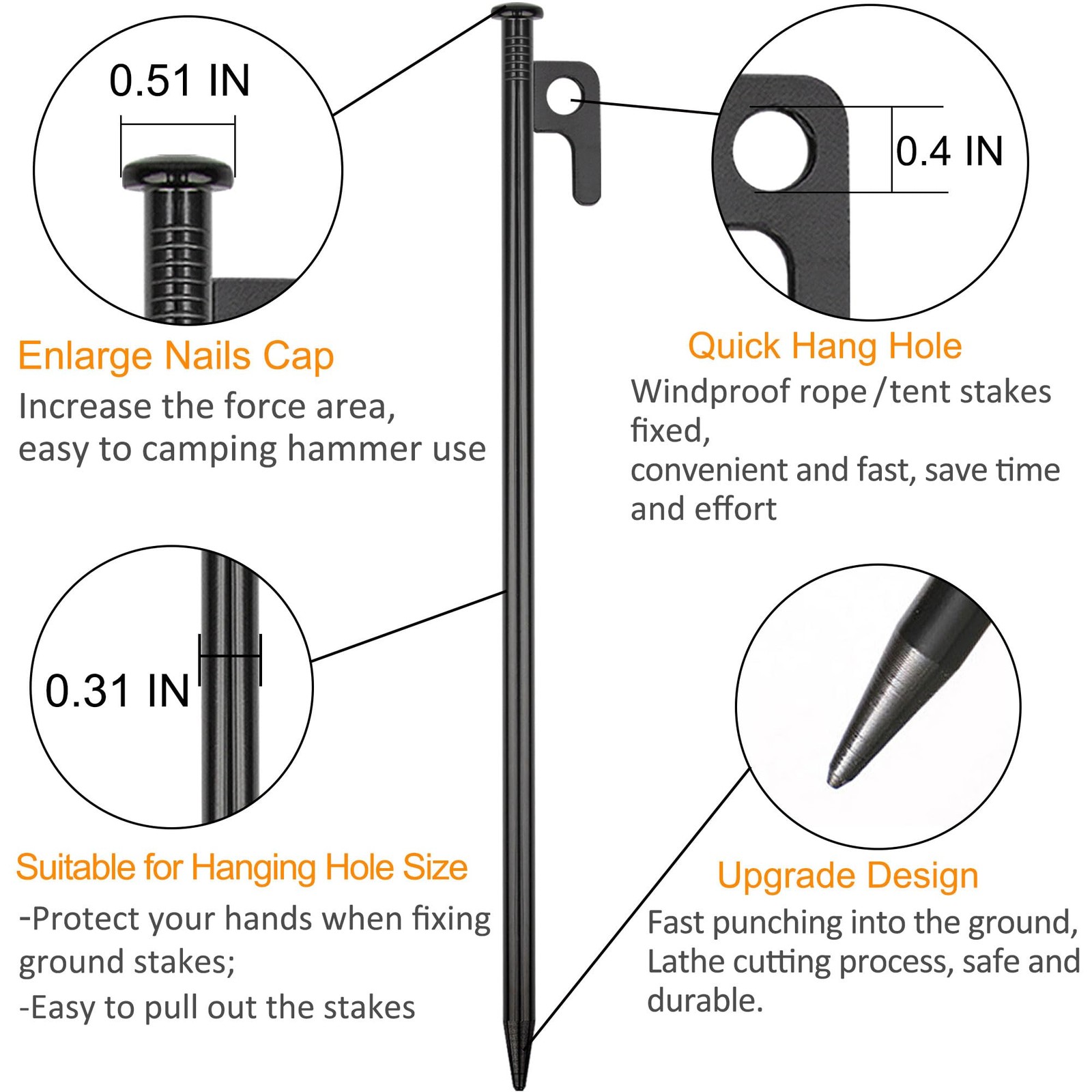 8 Pack Tent Stakes Heavy Duty Metal Pegs for Camping Steel 8 IN, Black