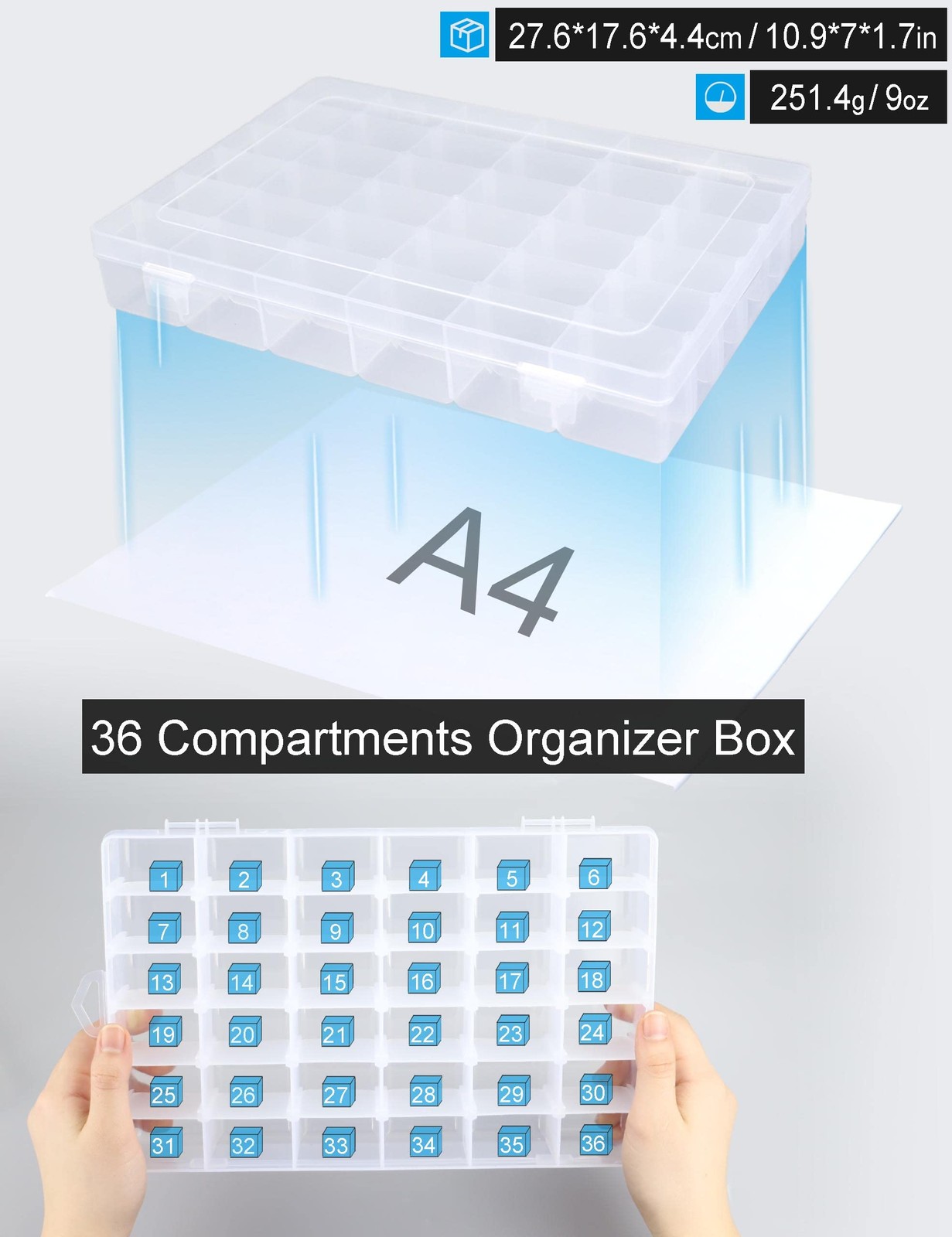 Hlotmeky Bead Organizer 36 Grids 4 Pack Clear 10.9 x 7 x 1.7 inches, clear