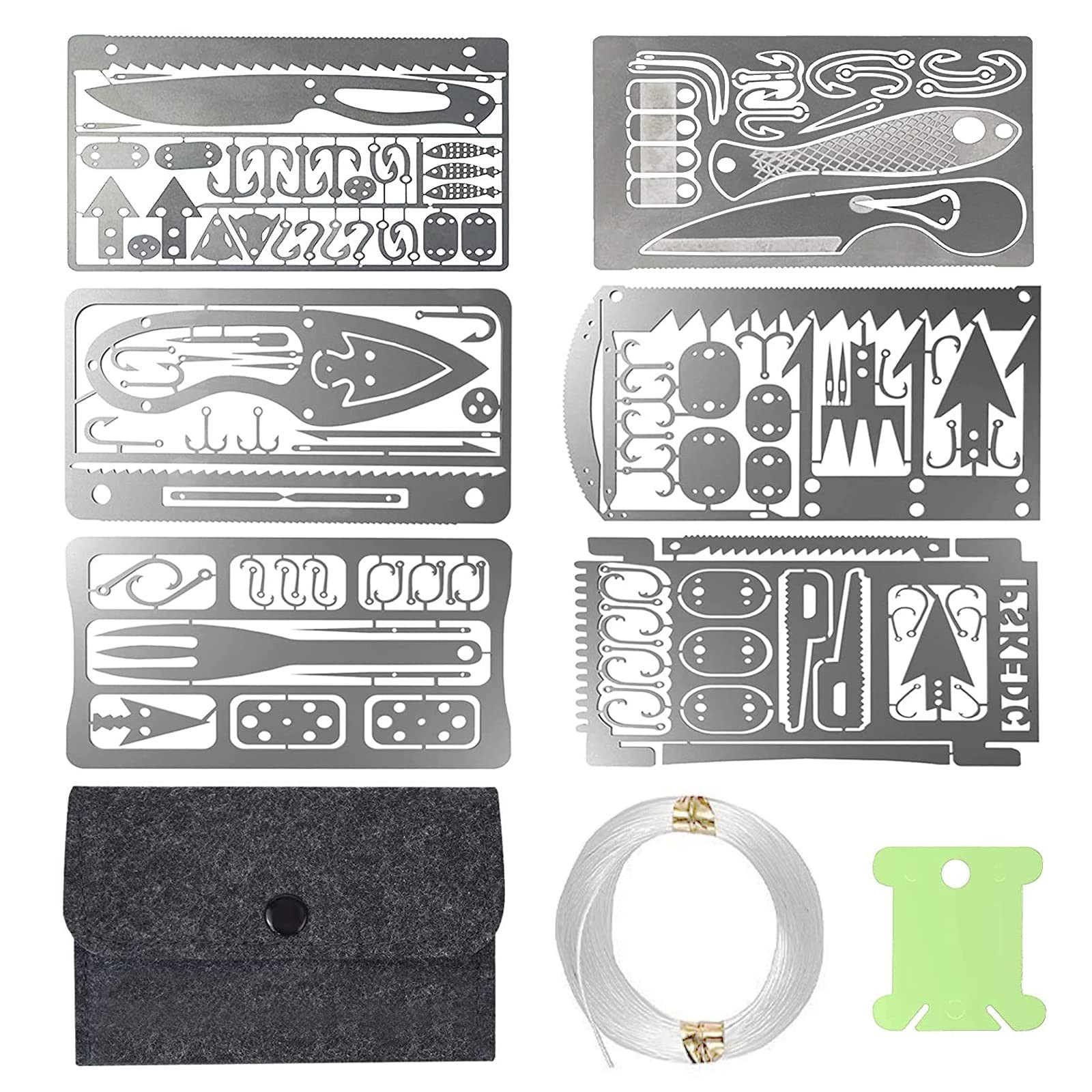Hukado 9PCS Survival Card Multitool Camping Kit with Fishing 9Pcs, silver