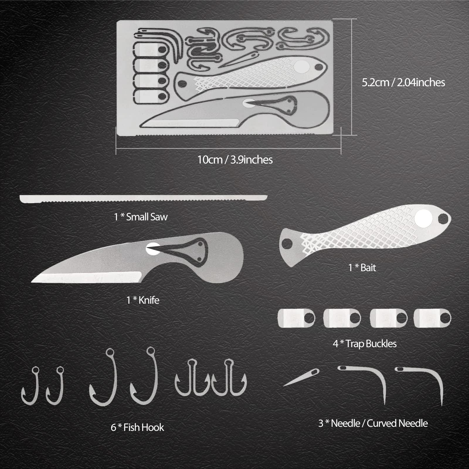 Hukado 9PCS Survival Card Multitool Camping Kit with Fishing 9Pcs, silver