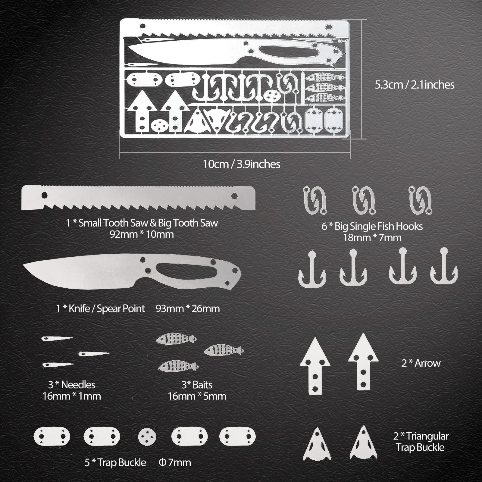 Hukado 9PCS Survival Card Multitool Camping Kit with Fishing 9Pcs, silver
