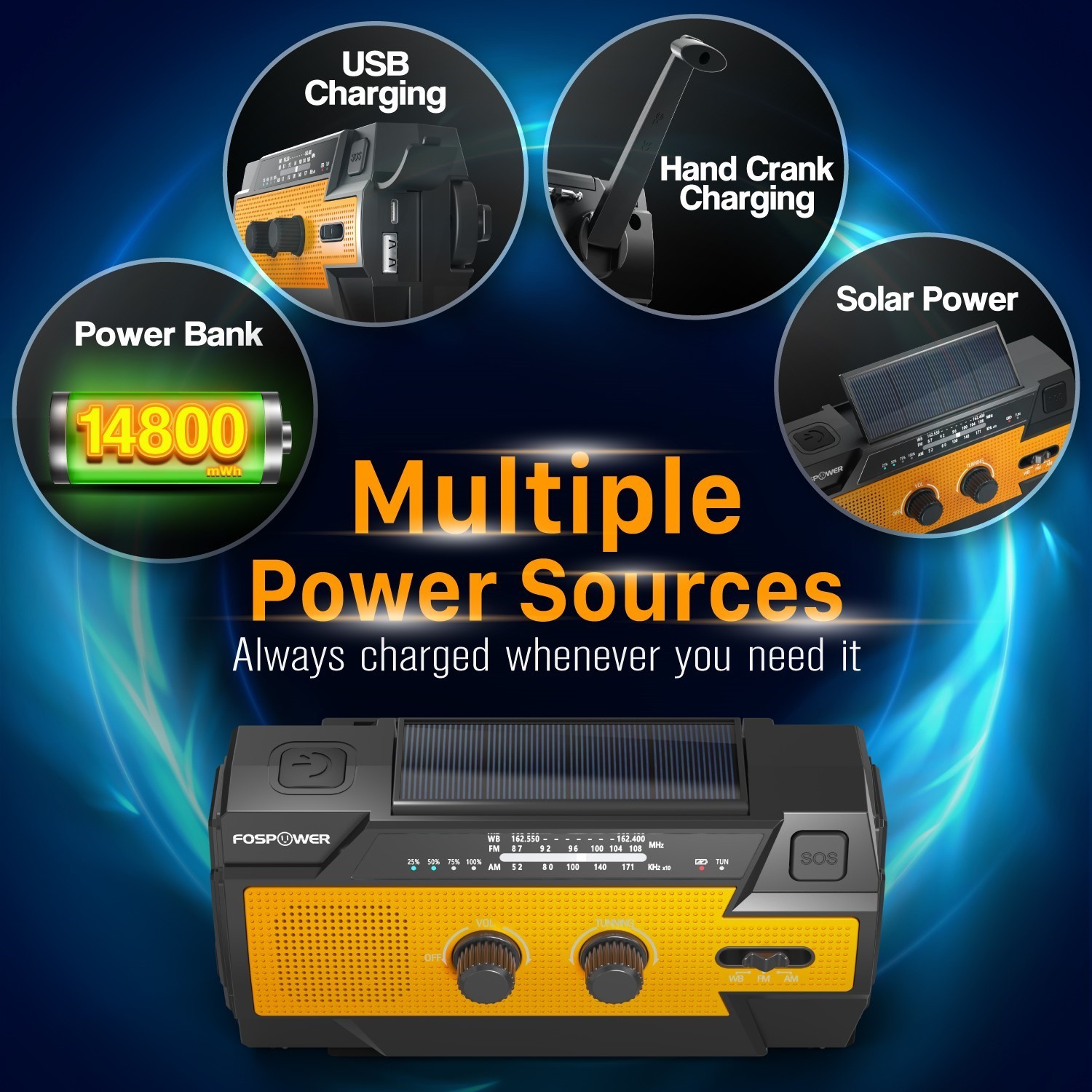 Emergency Solar Hand Crank Weather Radio 4000mAh Power Bank Charger Flash Light