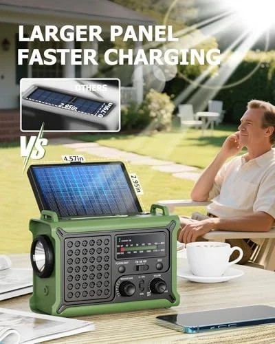 Emergency Weather Radio with Large Solar Panel, Efficient Hand Crank Army Green