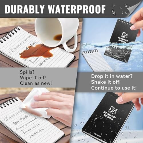 Waterproof Notebook, 3″ x 5″ Top-Spiral Pocket Notepad with 100 4 Pack Black