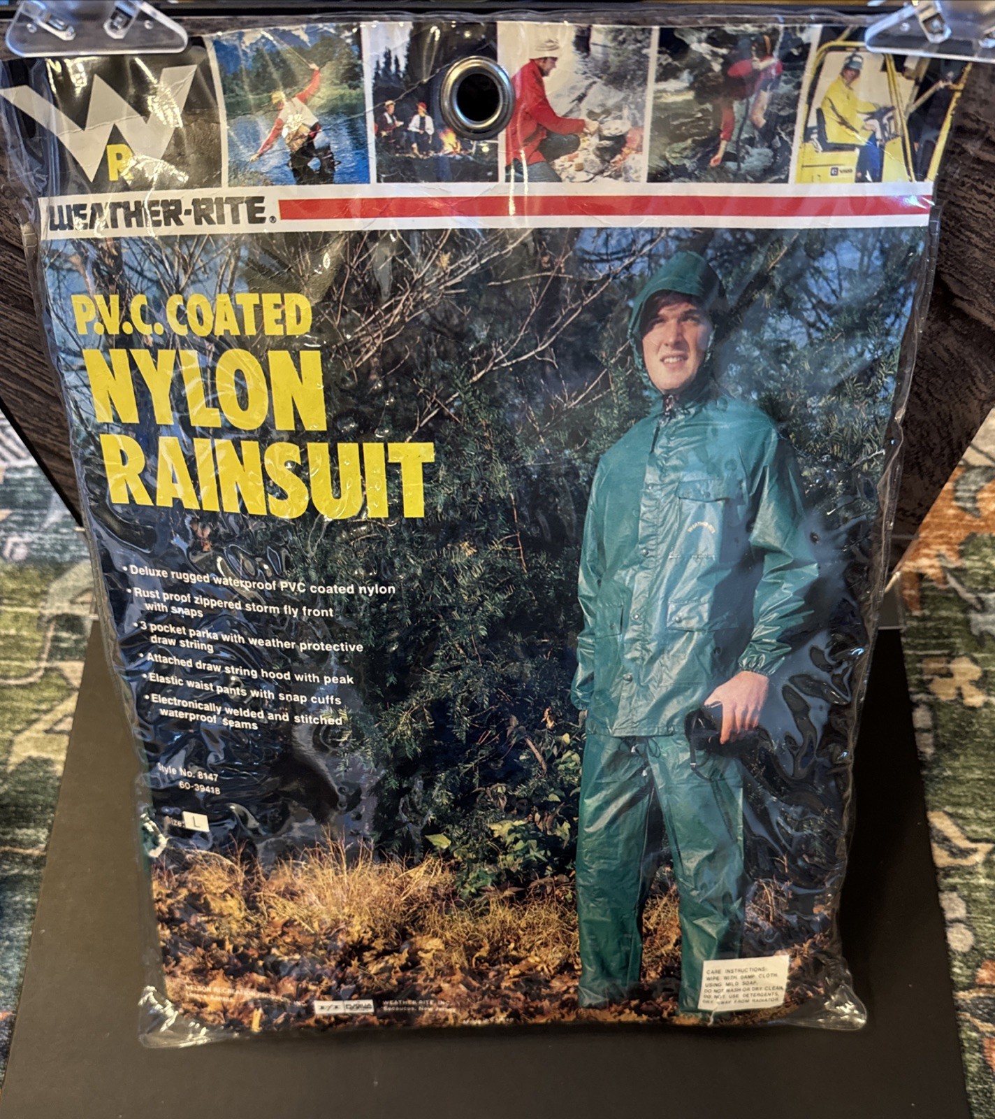 Vintage Weather Rite PVC Coated Nylon Rainsuit 2 Pc Set Deadstock Size L Green