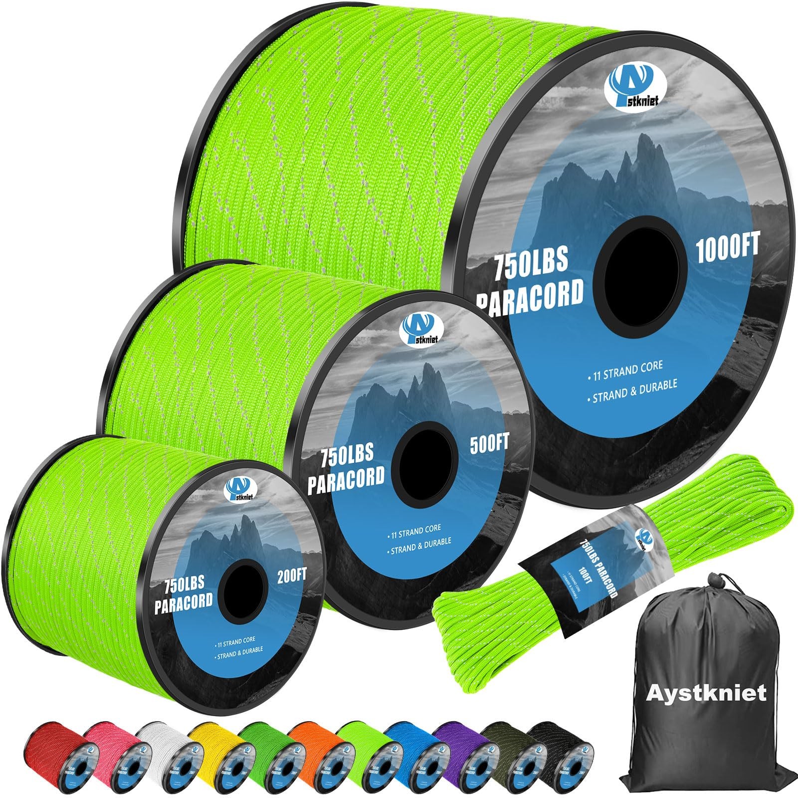 750Ib Reflective Paracord Rope,100′, 4mm 11 Strand 100FT, Fluorescent Green