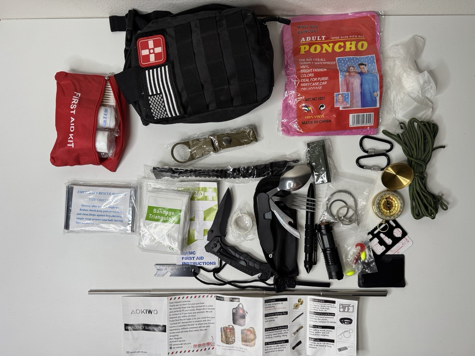 Emergency Survival Kit Bag Multi Tool Set First Aid Poncho Compass Bundle
