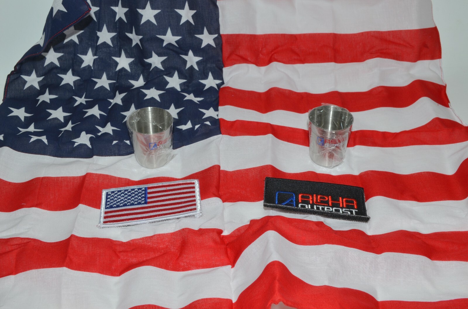 Patriotic Swag Alpha Outpost Flag Bandana Patches 2 Metal Shot Glasses Lot of 3