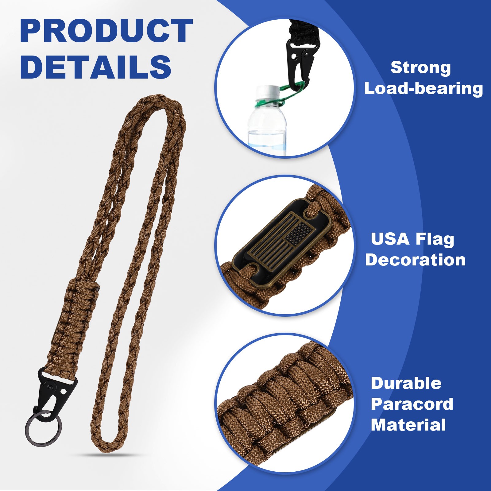 Paracord Lanyard, Strong Lanyard with USA Flag, Brown