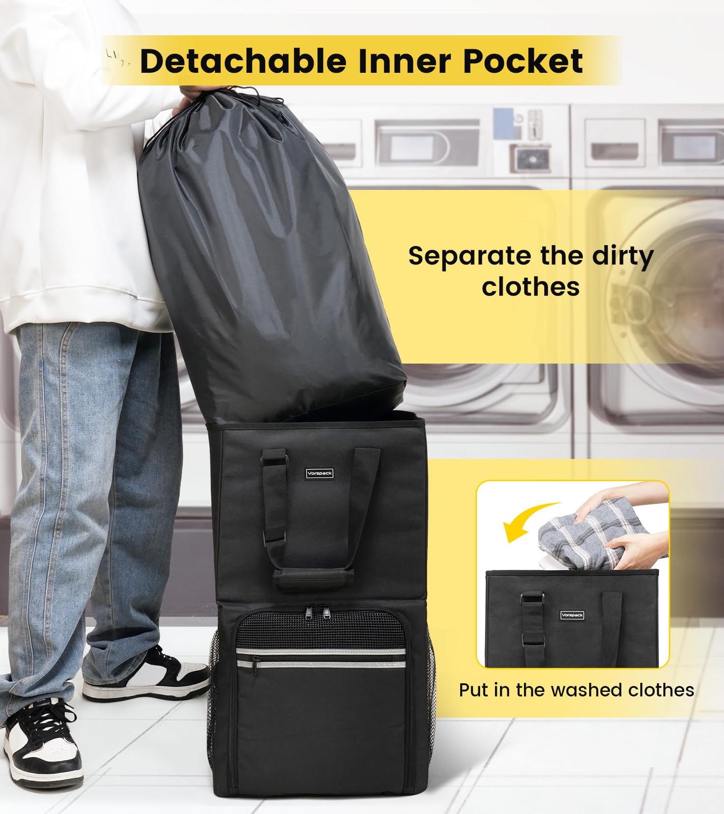 Vorspack Laundry Bag Backpack – Extra Large Bags with Large, Black