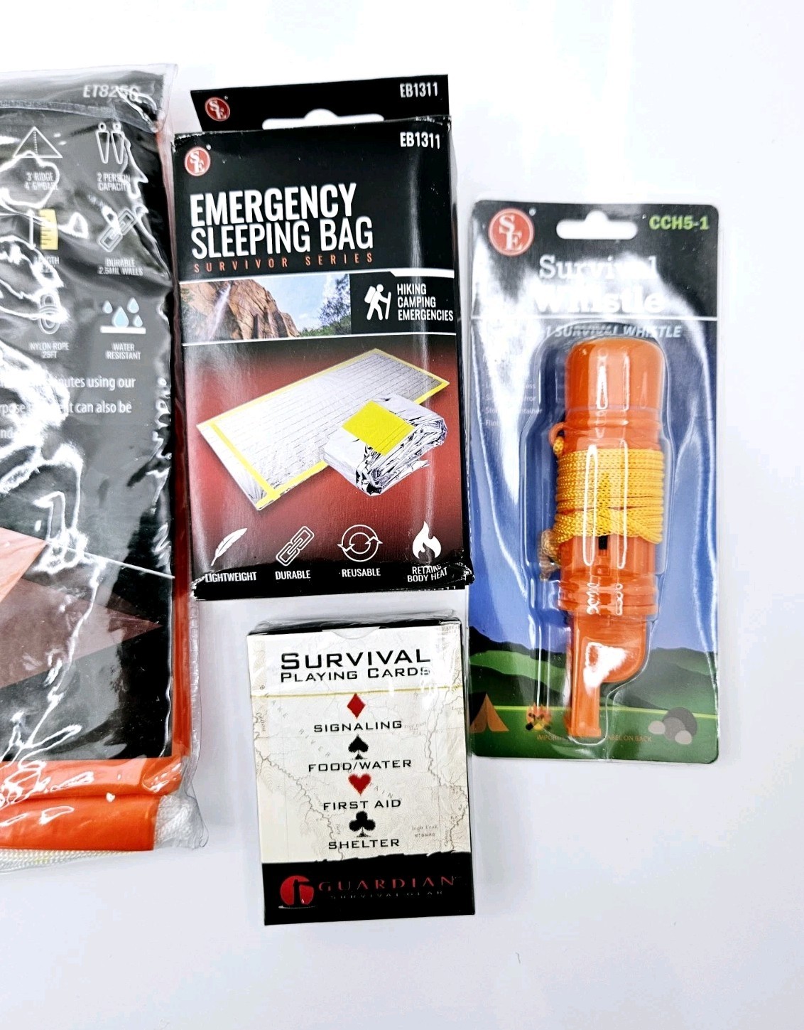 Emergency Survival Kit Camping Shelter Tube Tent, Sleeping Bag, Whistle, Cards