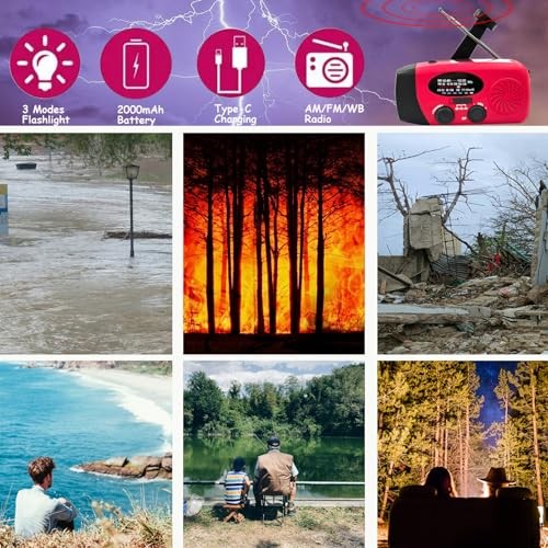 Portable 2000mAh Hand Crank Emergency Solar Panel SOS Weather Radio, Self Red