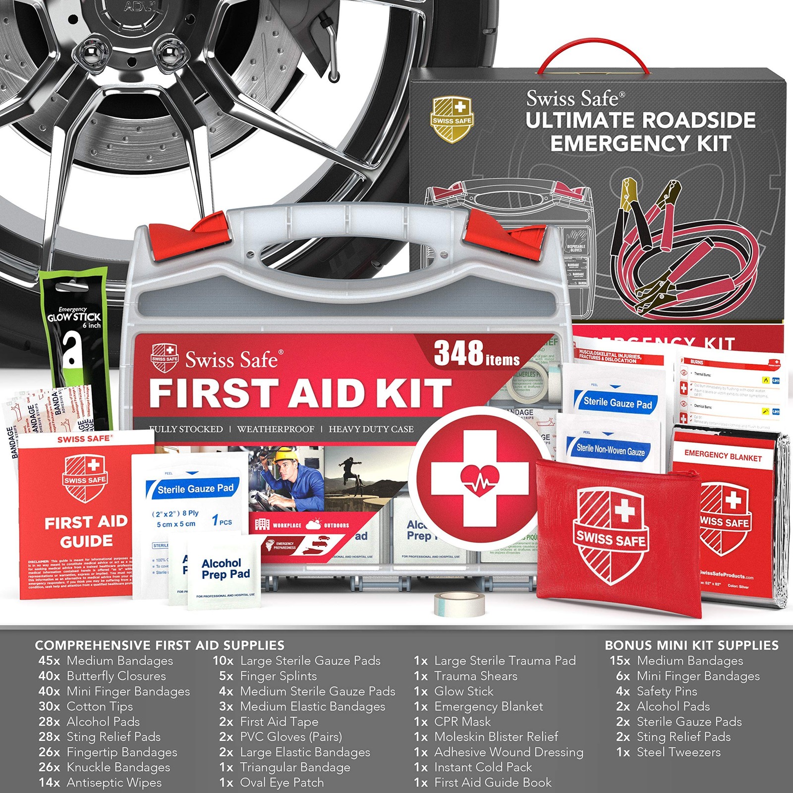 Swiss Safe 2-in-1 Car Emergency Kit | 12-FT Heavy-Duty Jumper 348 Piece Set