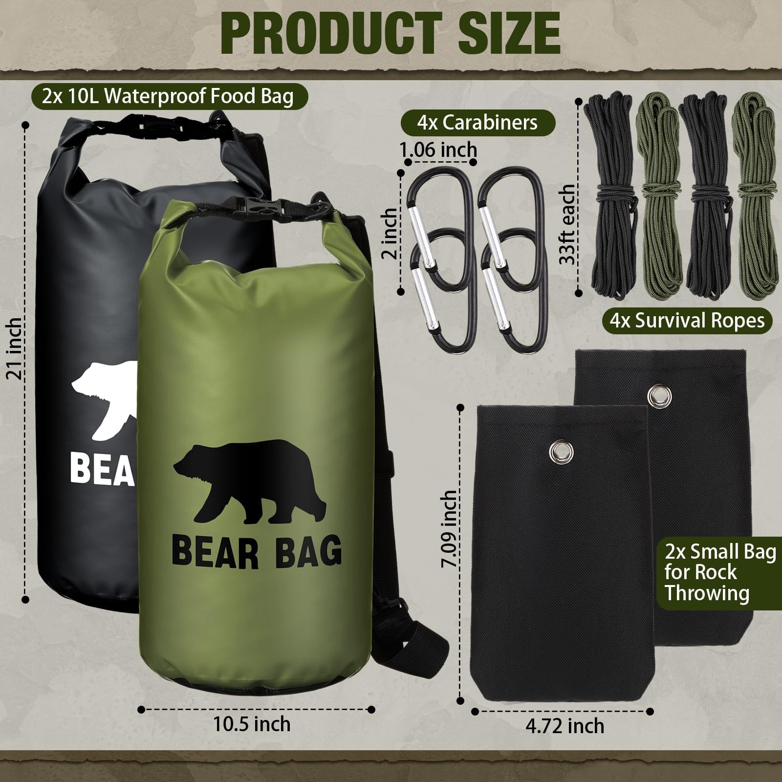 Bear Food Bag Hanging System 2 Bags 4 Ropes 4 Clips 2 Rock Pouches Black Green