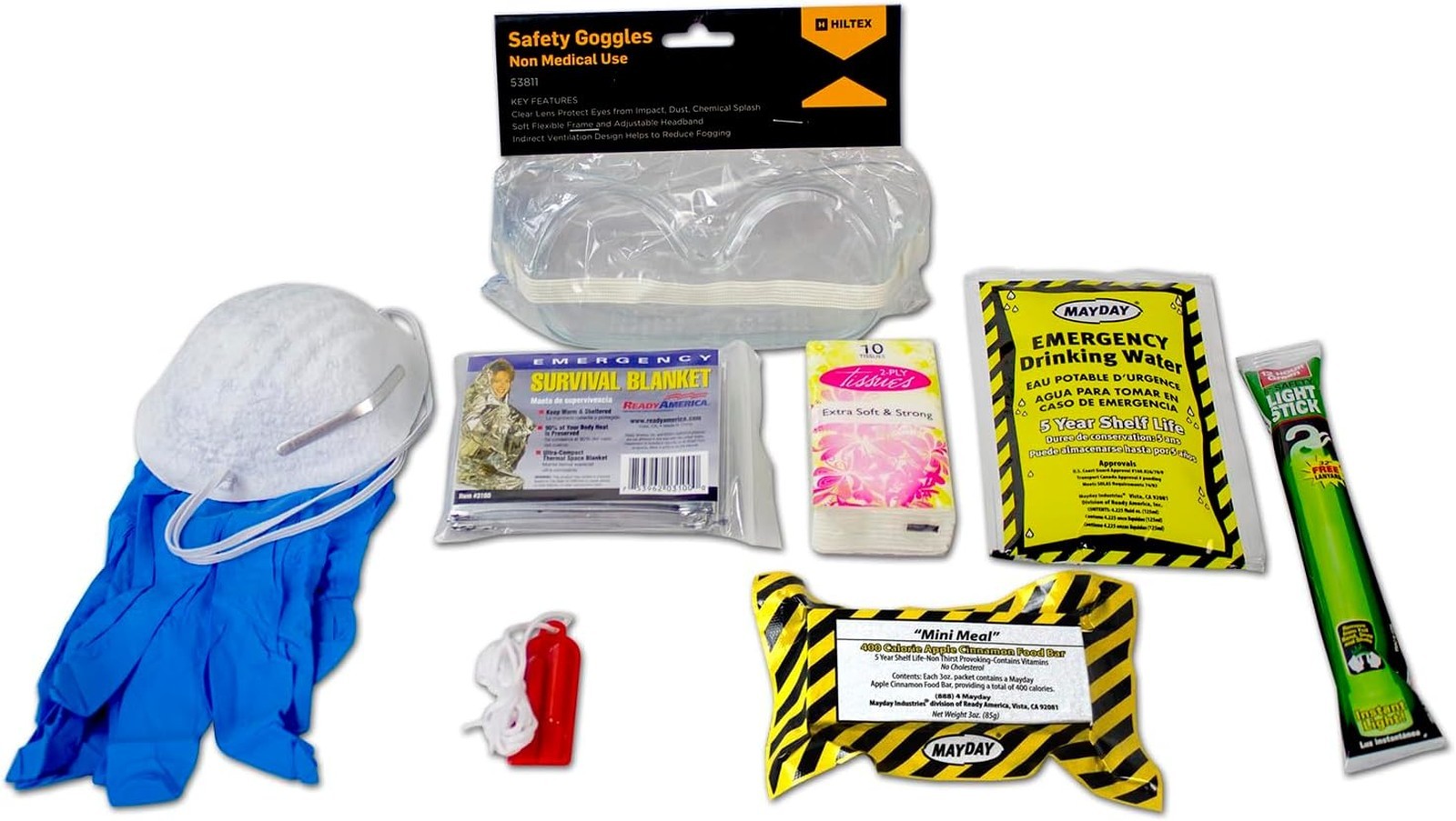 Emergency Survival Kit with Food Water Rations Blanket Lightstick Whistle Gloves