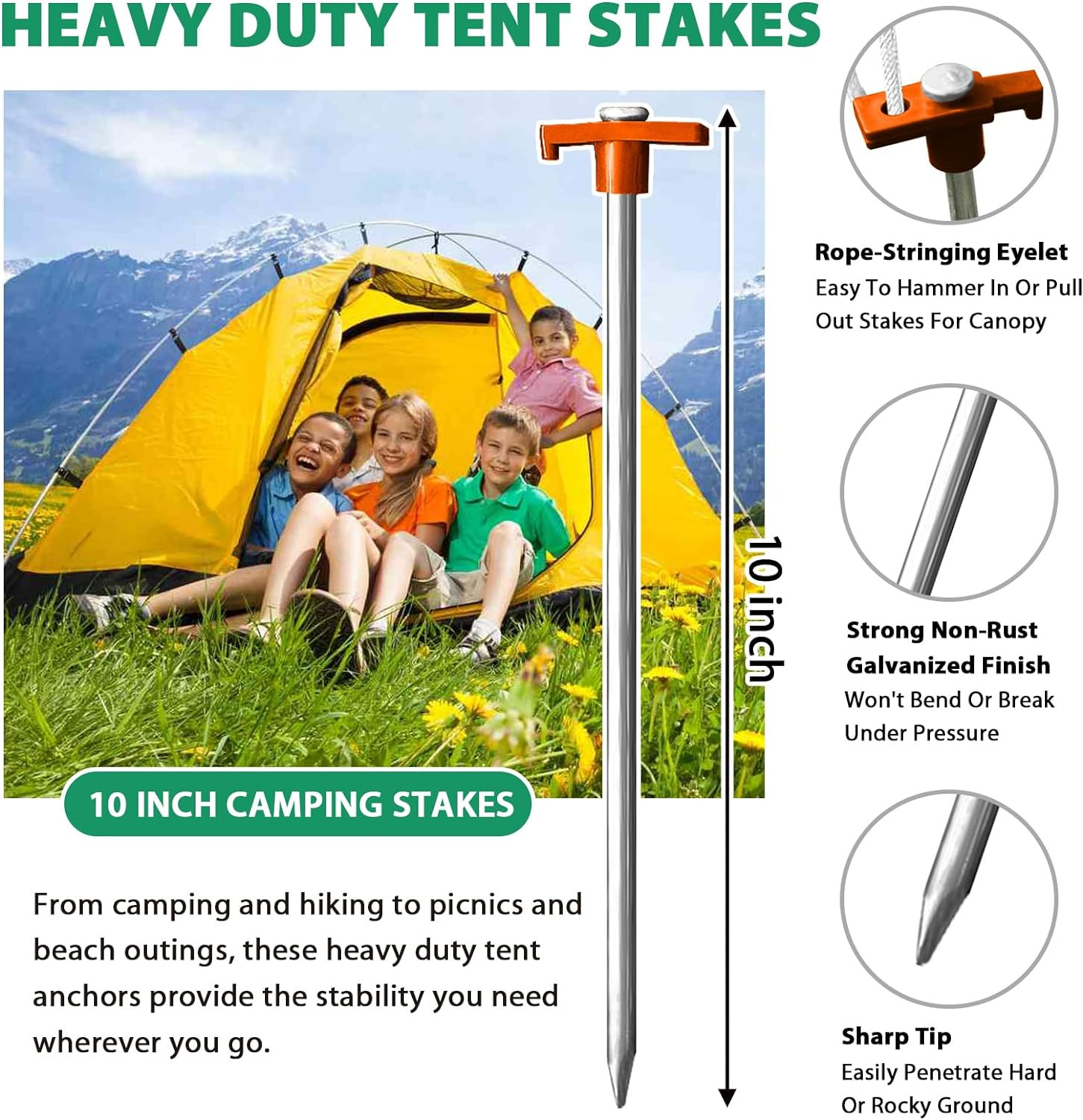 USA 10-Pack Secure Protection Galvanized Tent Stakes,Rust-Proof Steel Canopy Anc