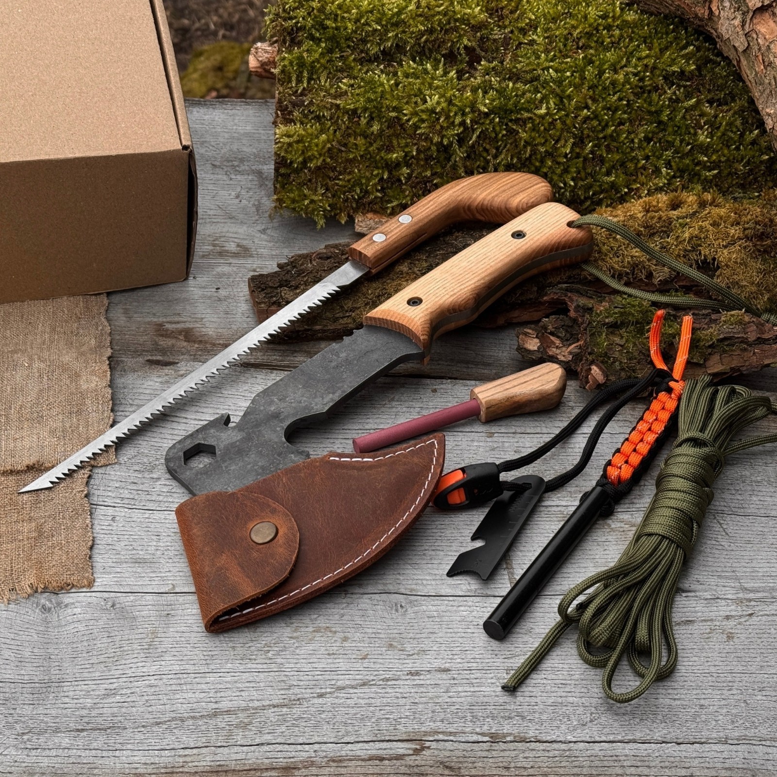 Bushcraft Kit with Camping Axe Saw Ferro Rod Sharpening Tool for Hiking Fishing
