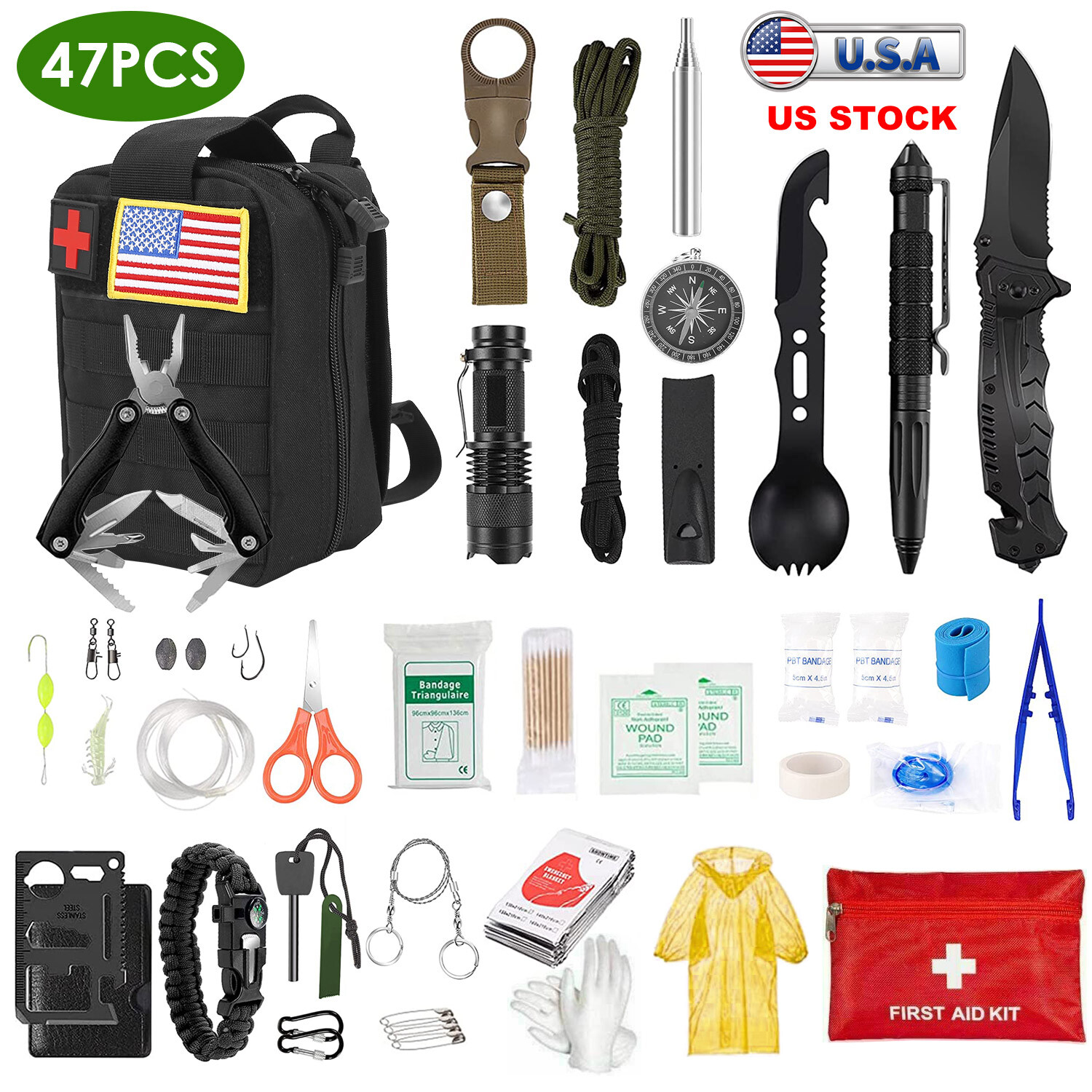 47Pcs Emergency Survival Kit Outdoor First Aid Gear Equipment Tools with Pouch