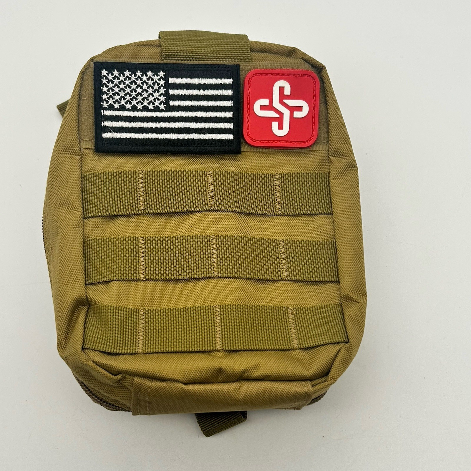 Tactical MOLLE Medical Pouch IFAK Utility Bag Tan Empty w/ Strap Patch USA Flag