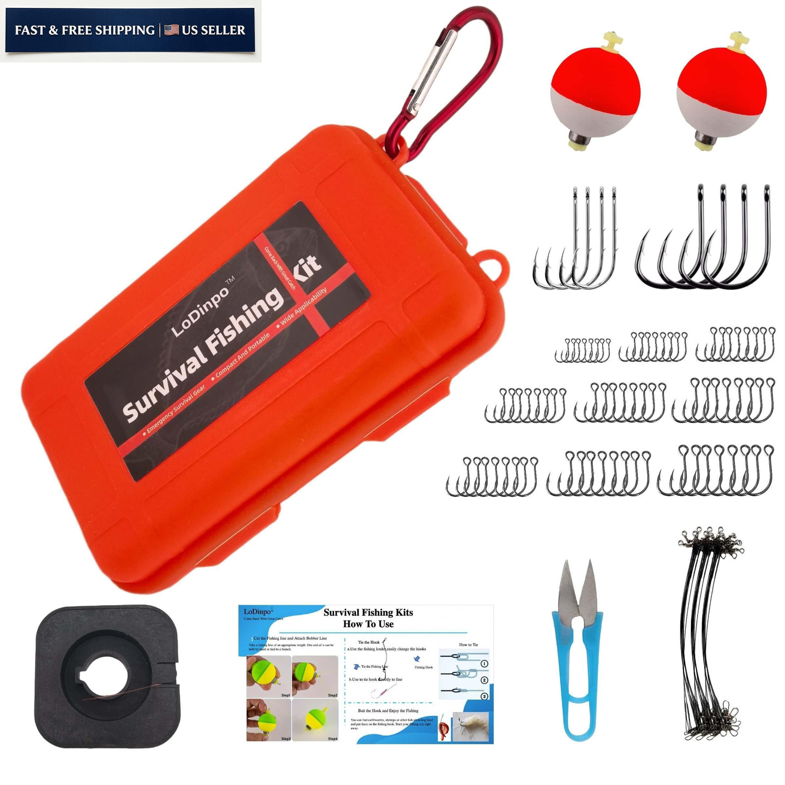 LoDinpo Pocket Survival Fishing Kit,Emergency Tackle Small, Wildfire Orange