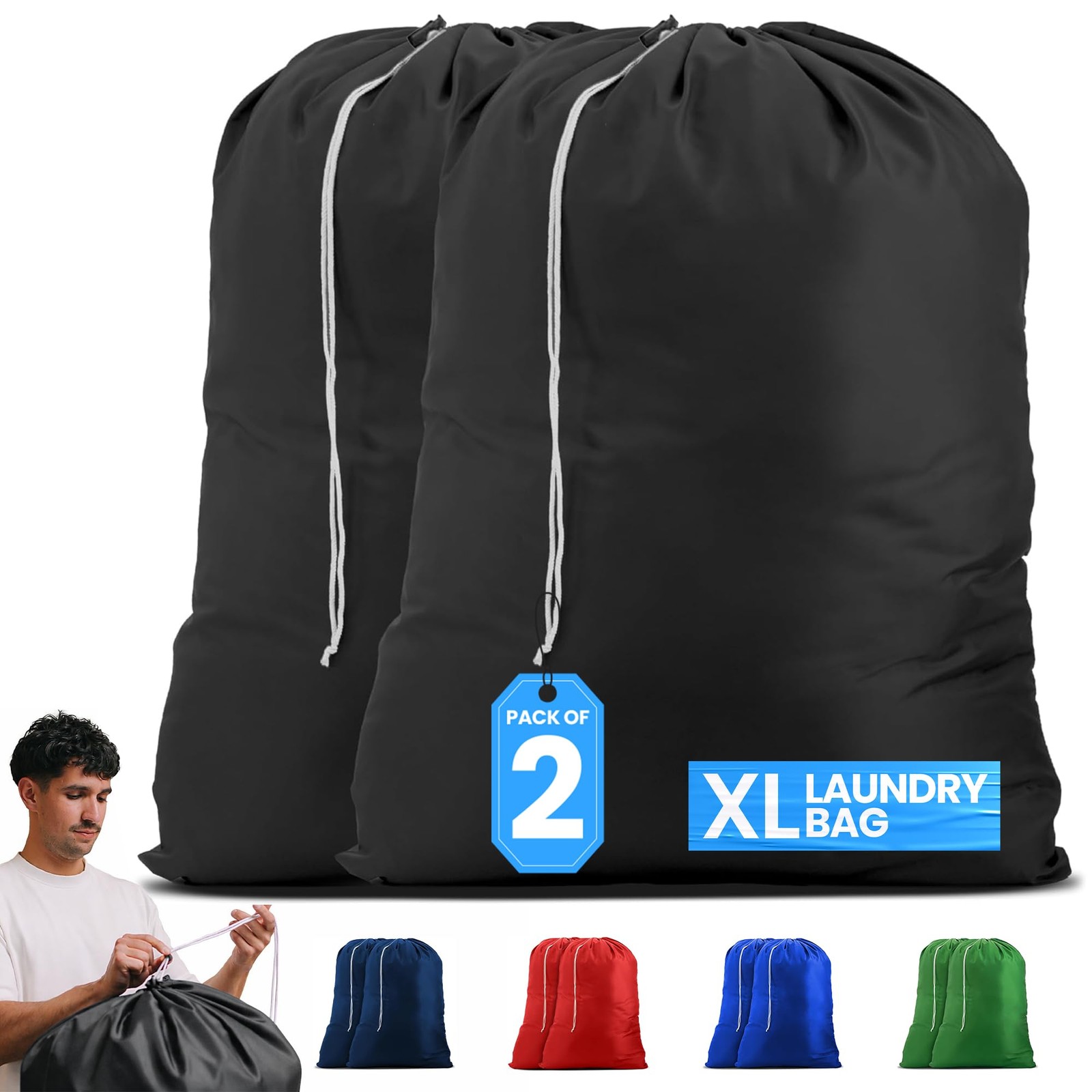 Handy Laundry Nylon XL – Large Capacity with 30″ x 40″ | 2-PACK, Black
