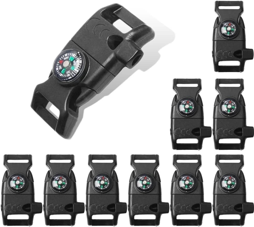 10-Pack Black 5/8″ Paracord Bracelet Buckle with Compass & Fire Starter