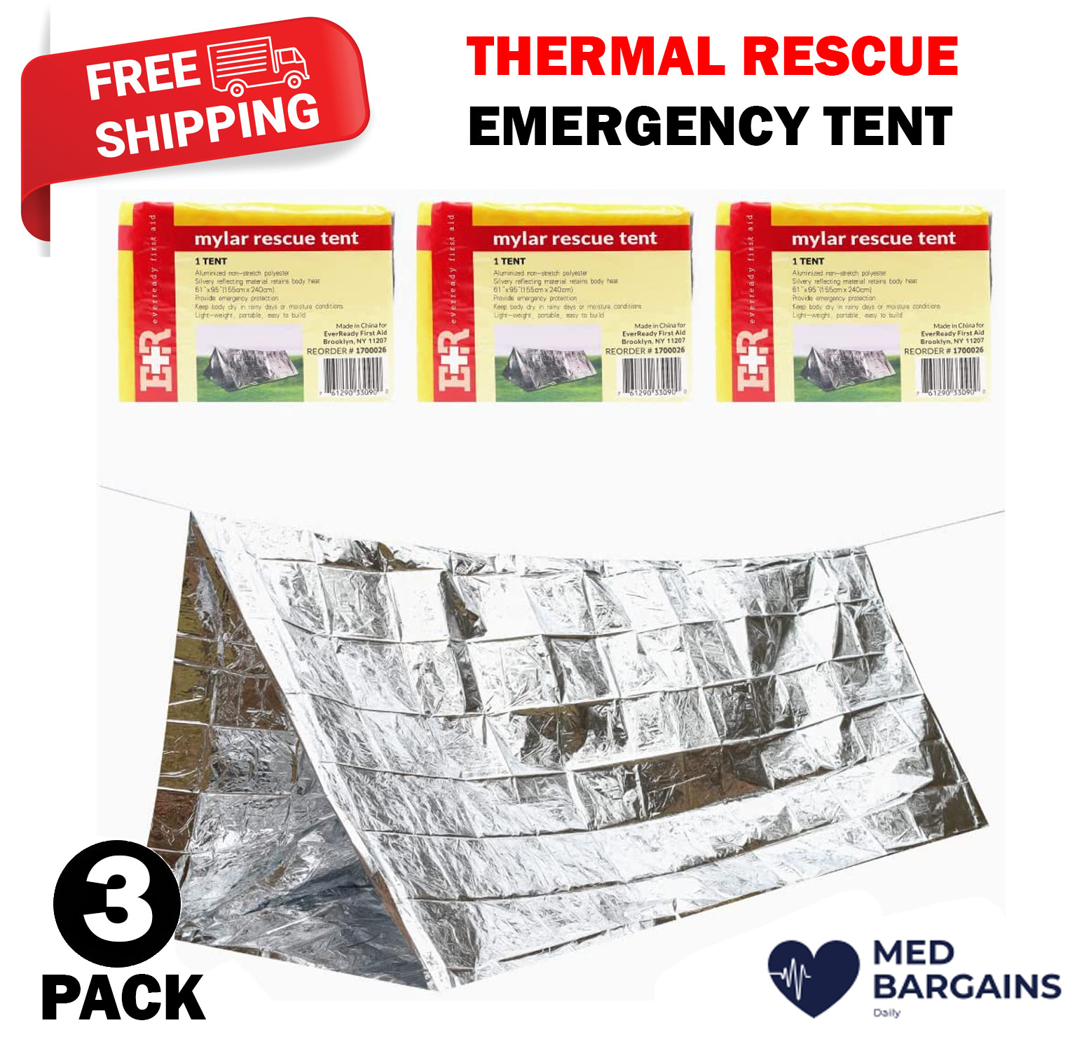 3 Pack First Aid Emergency Mylar Survival Thermal Camping Tent 95” x 61”