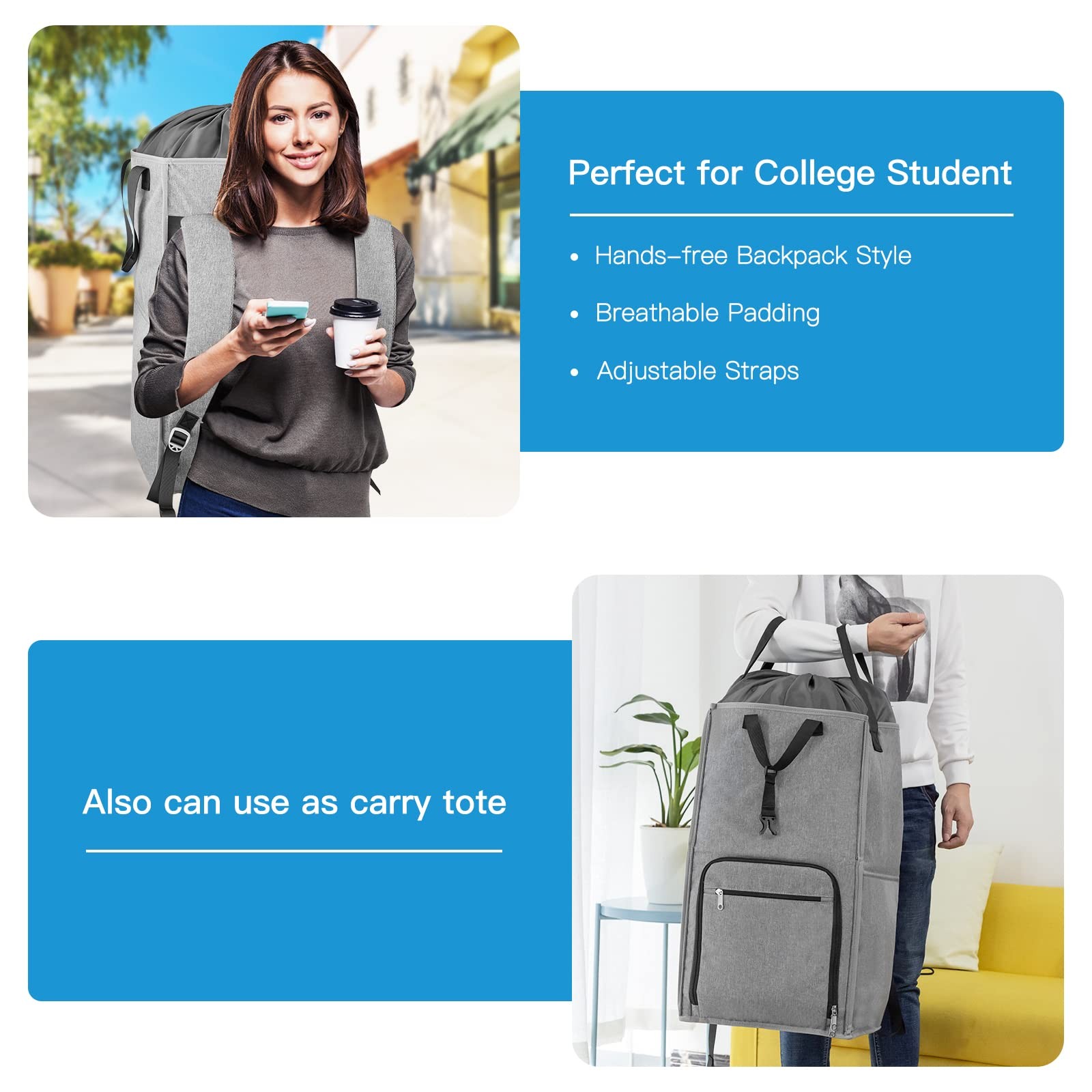 Laundry Backpack Bag, Bukere Extra Large 2 in 1 Hamper X-Large, Gray