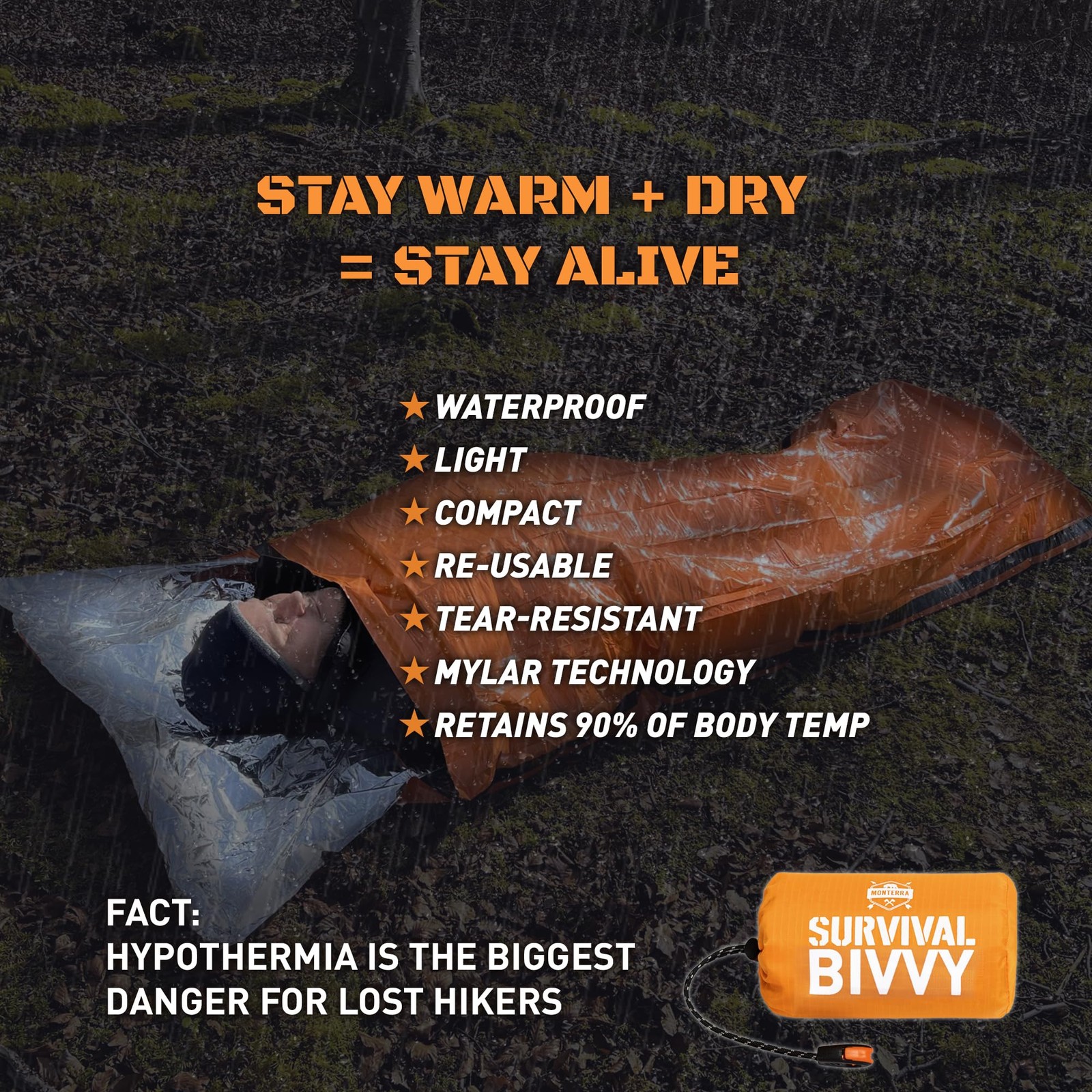 Monterra Emergency Sleeping Bag, Survival Bivvy, 2 Pack, Hiking Orange