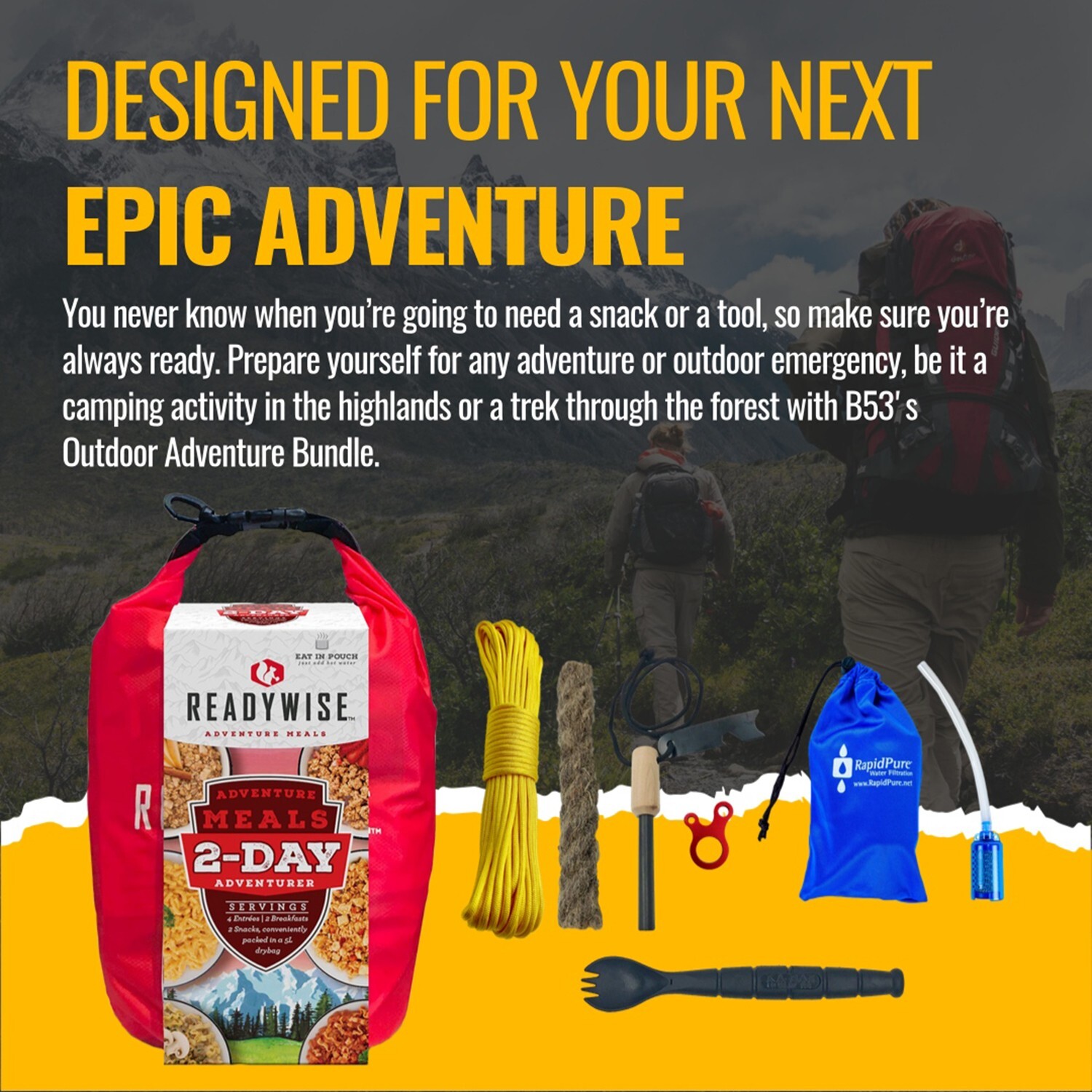 2 Day Emergency Food, Water Filter, Firestarter Outdoor Adventure Survival Kit