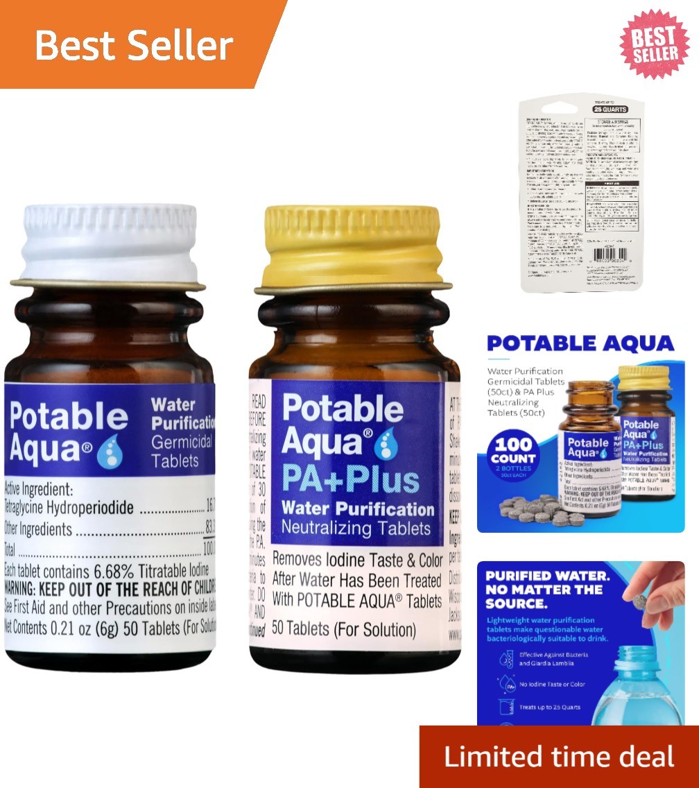 Water Purification Tablets With PA Plus – Two 50 count Bottles