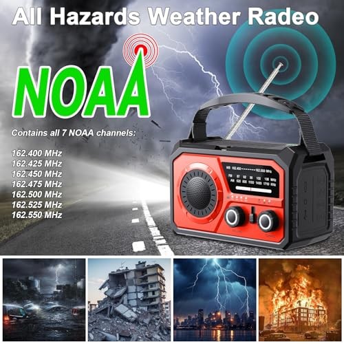 16000mAh Hand Crank Emergency Weather Radio with Wireless Speaker, 59200mWh Red