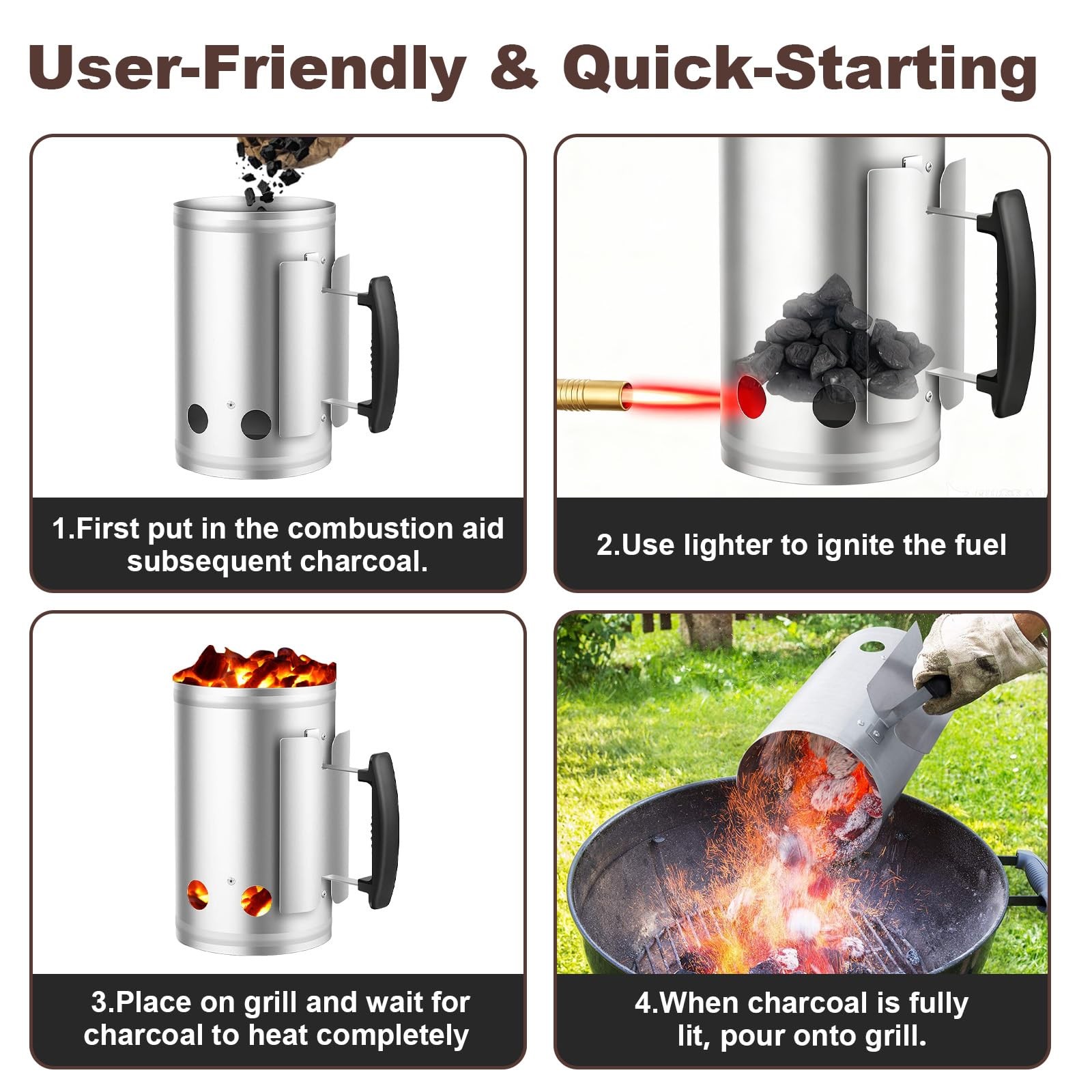 BEAU JARDIN Charcoal Chimney Starter Large 11″ Starter,
