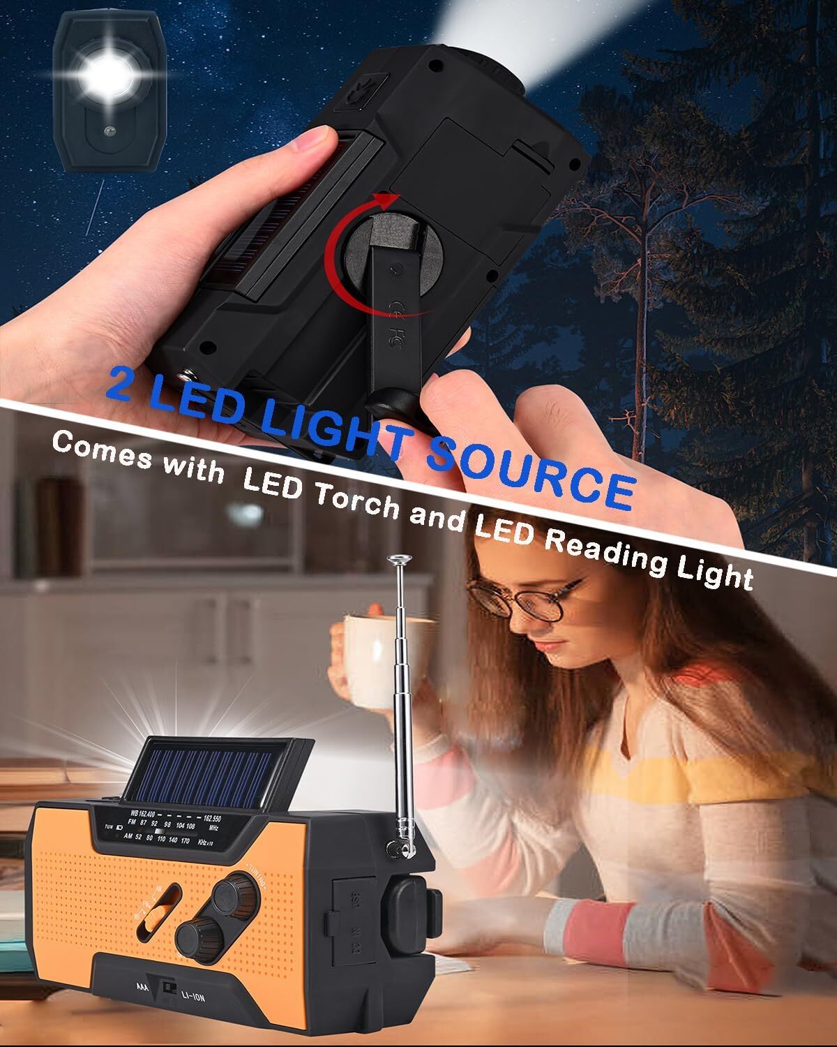 Emergency Solar Hand Crank Weather Radio 2000mAh Power Bank Charger Flash Light