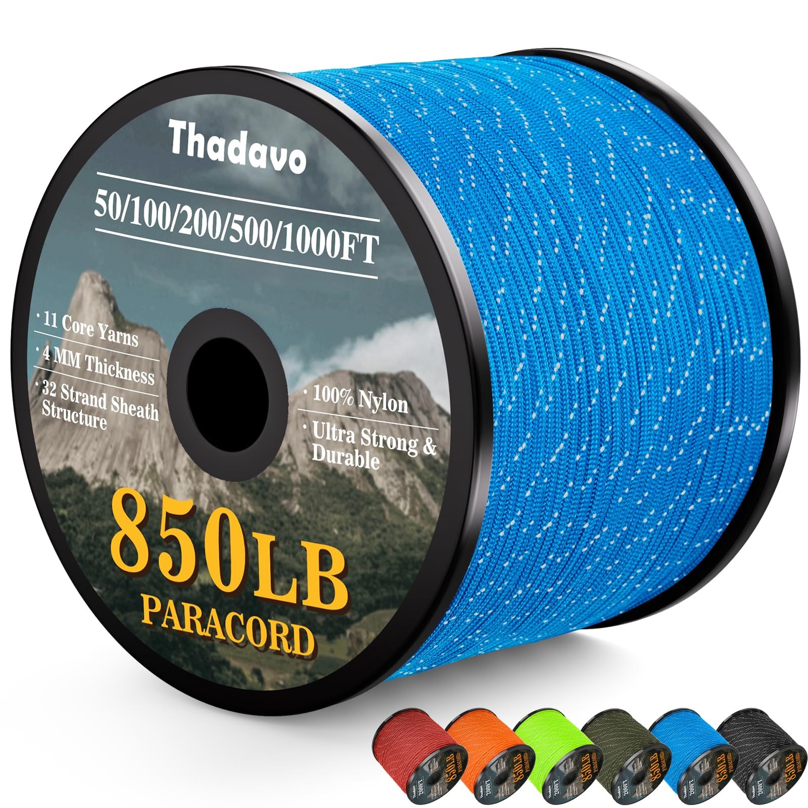 Reflective Paracord Rope 850Ib, 50/100/200/500/1000ft 4MM 11 100FT, Blue