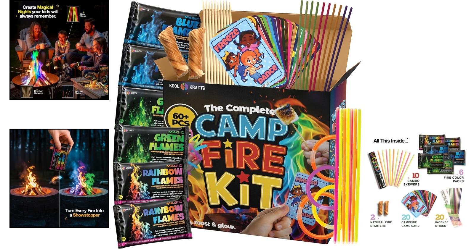 Family-Friendly Campfire Kit: 6 Color-Changing Flames, Games & Glow Sticks