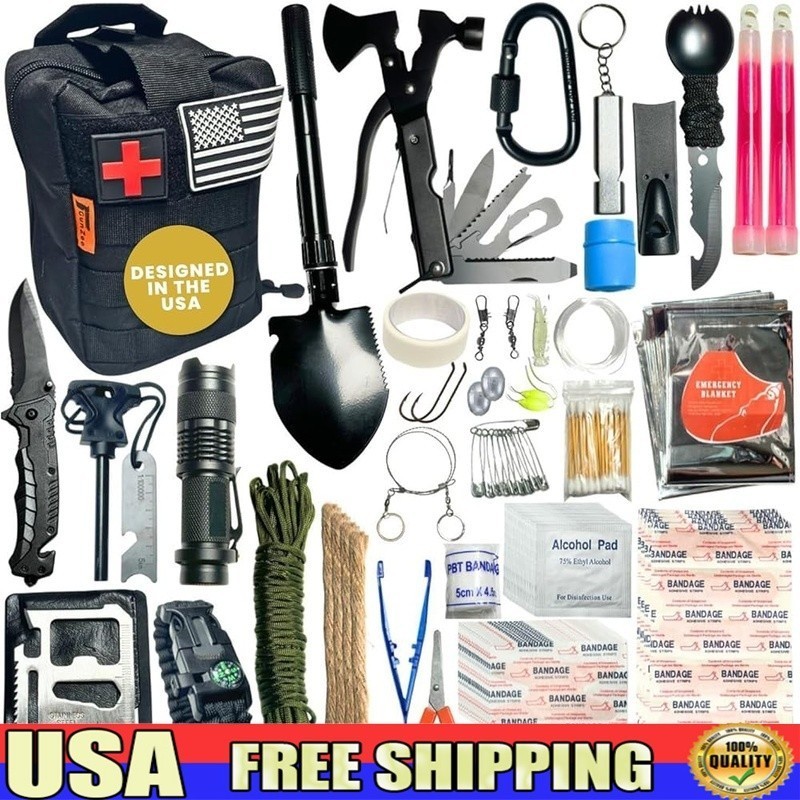 175Pcs Emergency Survival Kit First Aid Tools Multi-Tool Fishing Gear MOLLE Bag