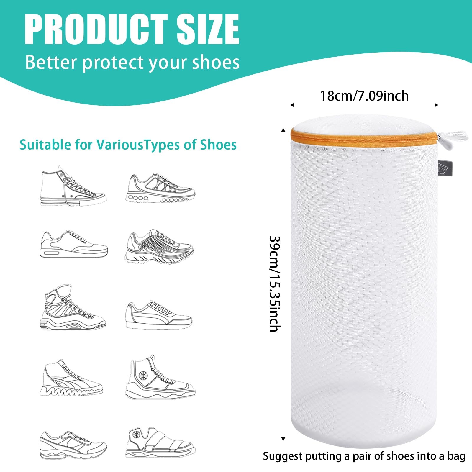Kimmama Shoe Washing Machine Bag, Bag for 2L(7x7x15″), Orange