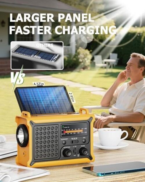 Emergency Weather Radio with Large Solar Panel, Efficient Hand Crank & Yellow
