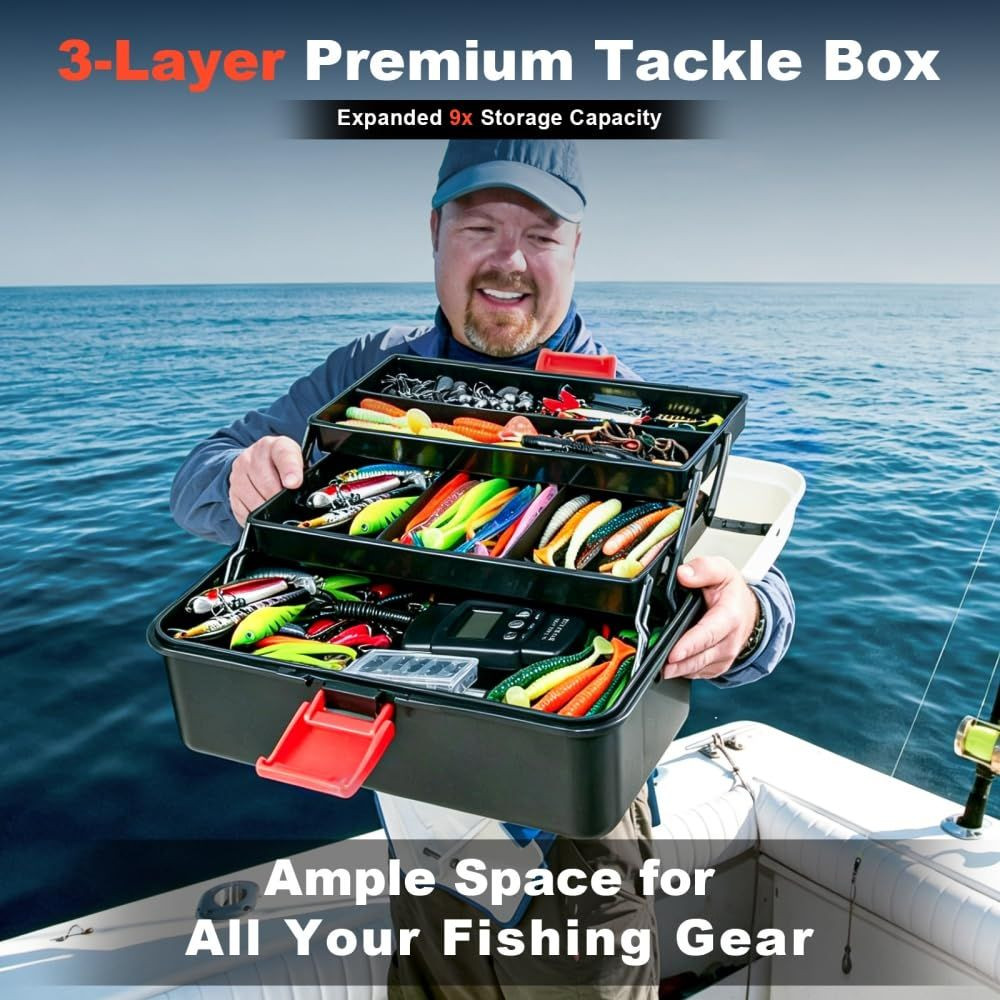 CALVES 447Pcs Fishing Lures Kit with 3-Layer Tackle Box, Black and white