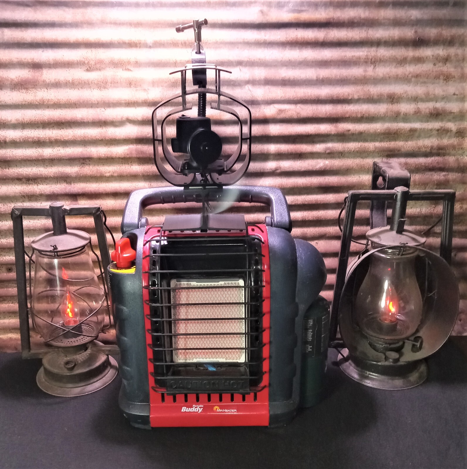 Mr. Heater “Buddy” Single Tank Wood Stove, Heat Powered Fan Mount. Custom Built.