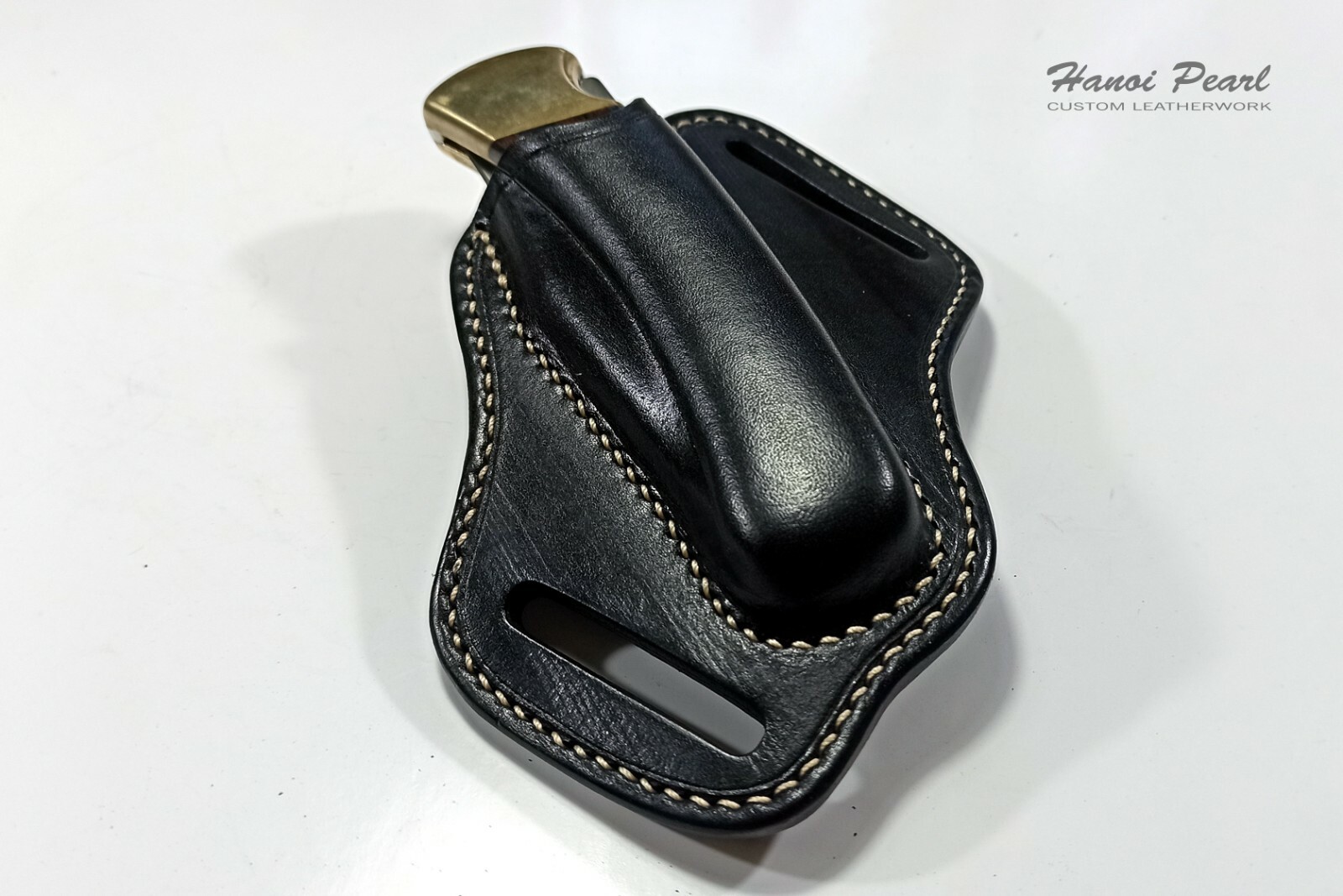 Custom Black 45 Degree Canted Leather Sheath for Buck 110 Folding Hunter