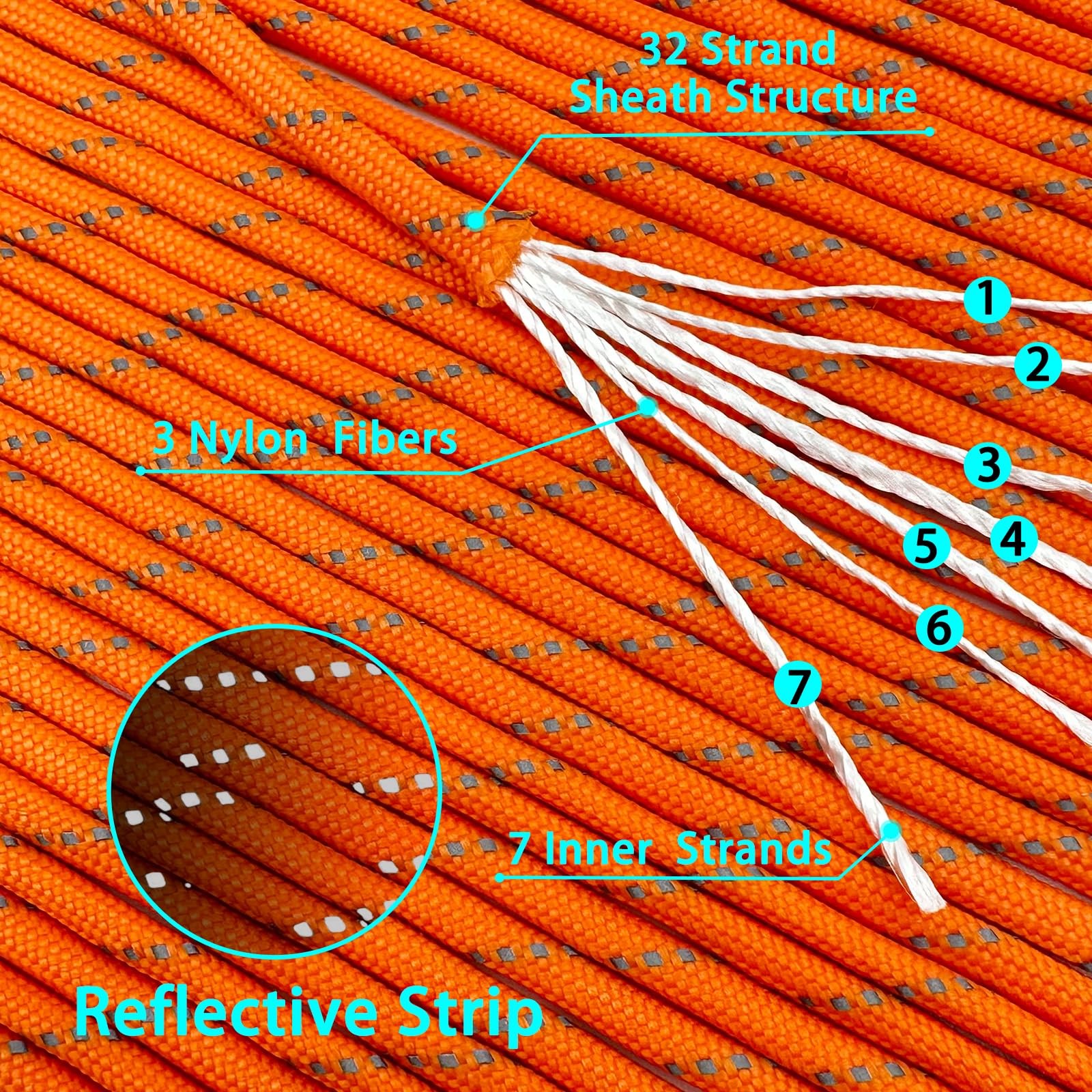 VVAAGG Reflective Paracord Rope 100FT, 7 Strand Nylon para Cord Orange