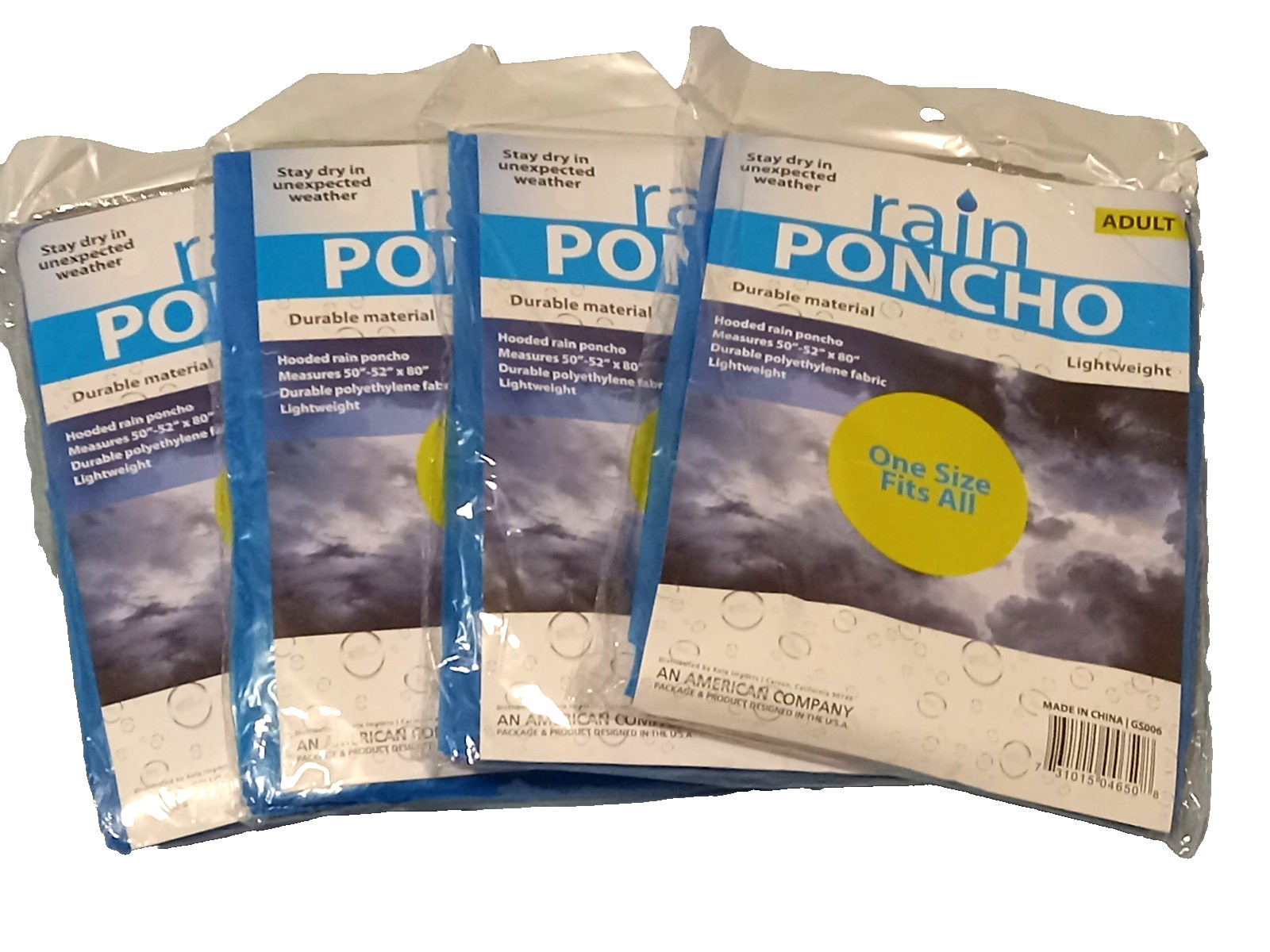 4) x Hooded Poncho Emergency Rain Gear Blue Lightweight Adult 50″-52″ x 80″