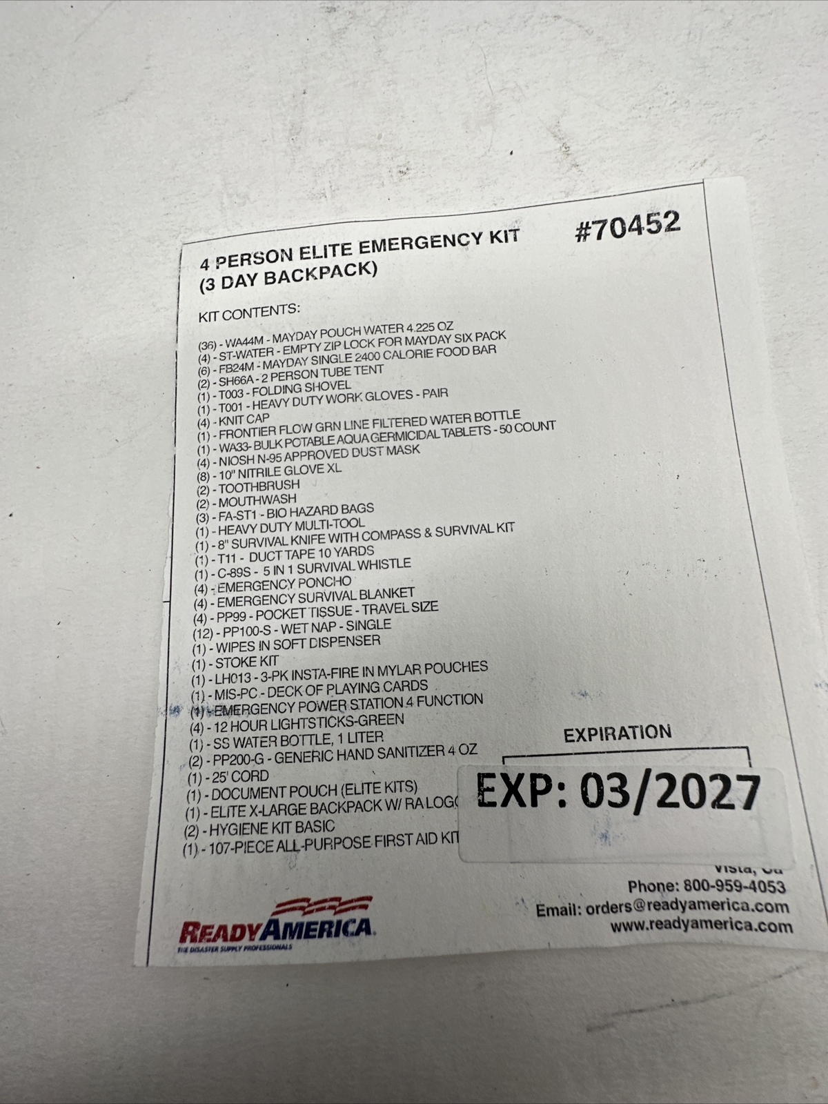 Ready America 70452 72 Hour Elite Emergency Kit, 4-Person, 3-Day Backpack, 03/27
